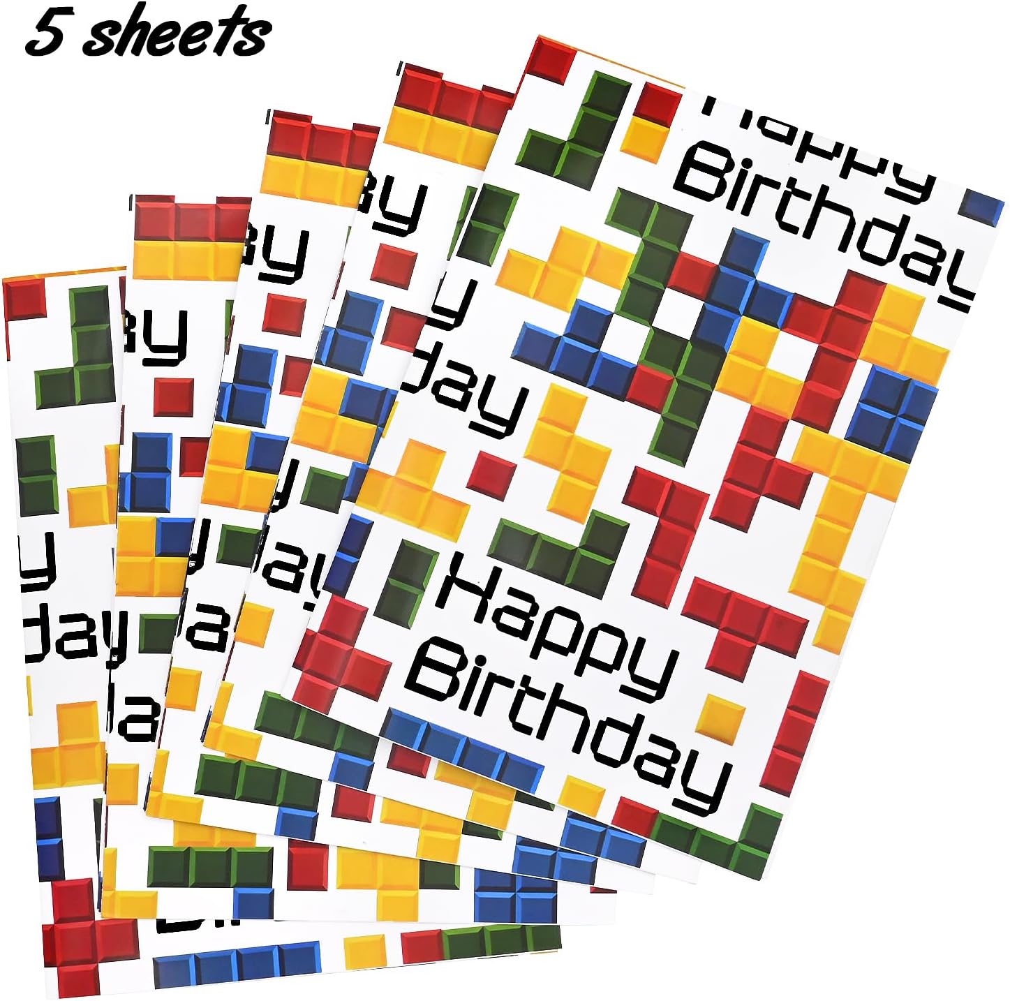 Detalle de 5pcs Birthday Paper Sheets with Colourful Tetris by QRTDXP — Eco Friendly Gift Wrap, 50 x 70 cm