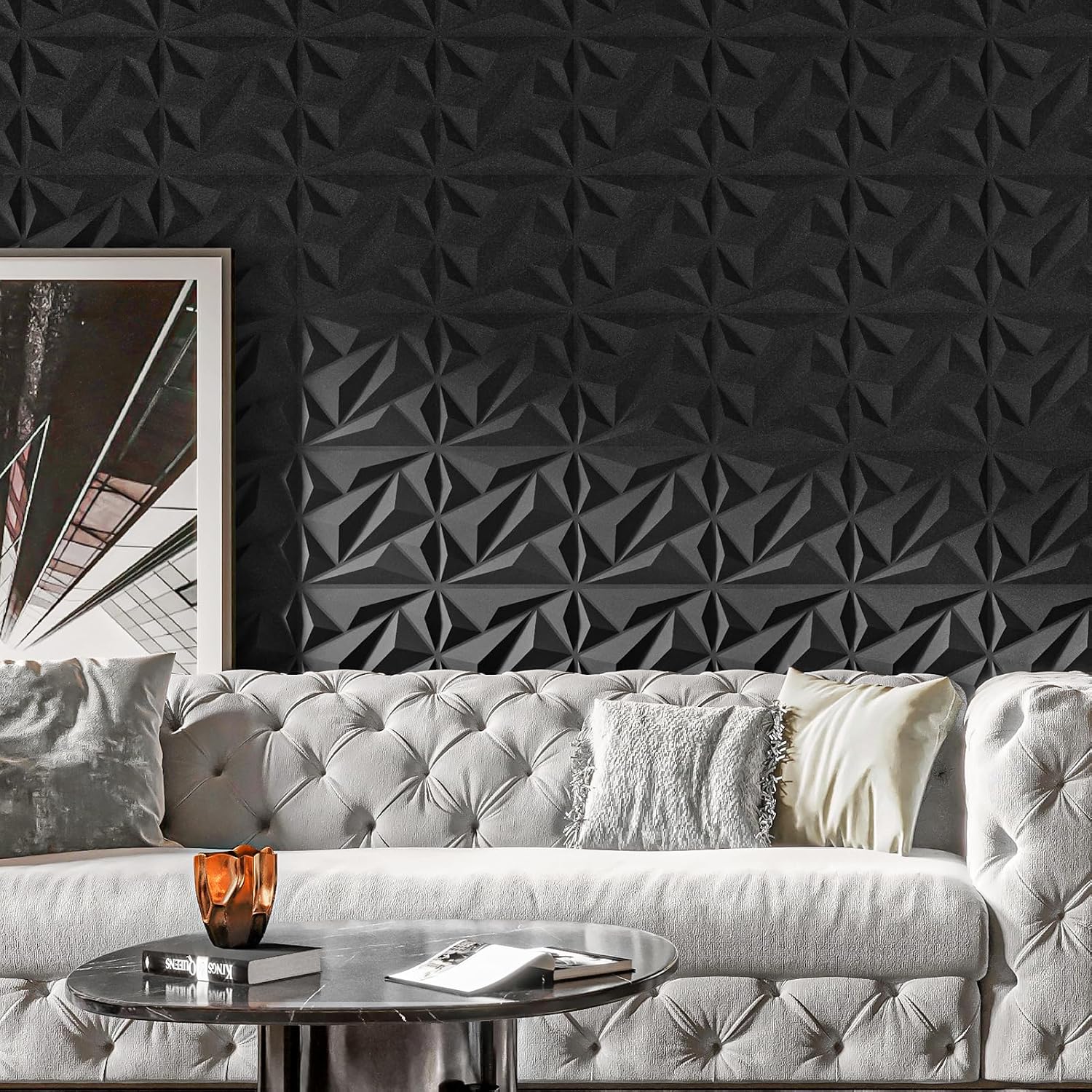 Detalle 2 de Art3dwallpanels Diamond 3D PVC Wall Panels, Black, 12 x 12 Inches