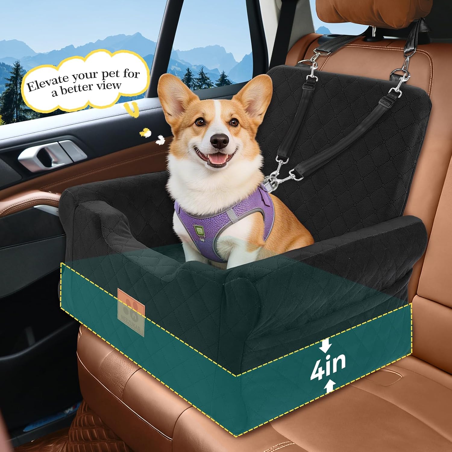 Detalle de GL GLENSLAVE Dog Car Seat for Small/Medium Dogs – Elevated Memory Foam Booster with Safety Belts