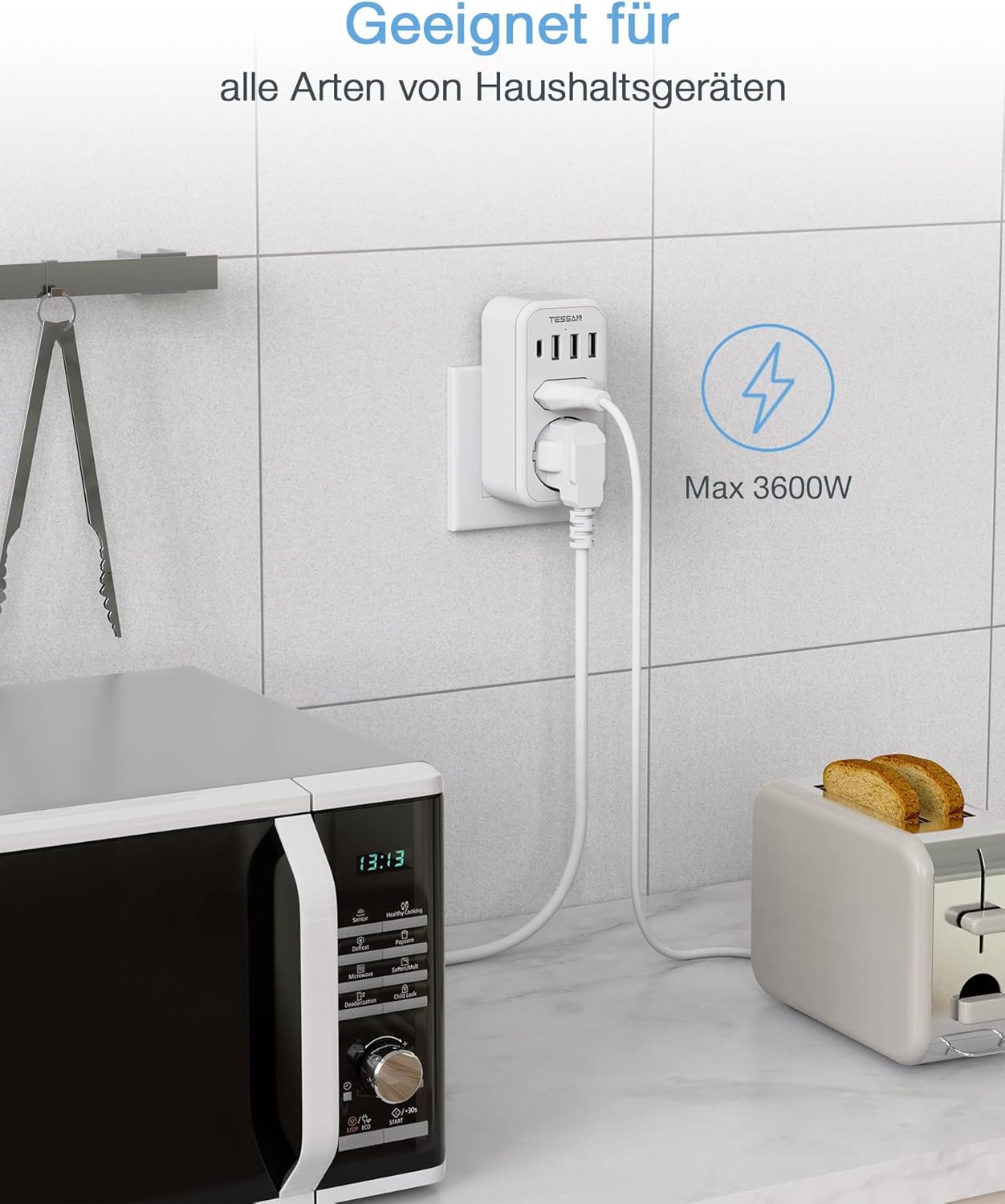 Detalle de Doppelstecker für Steckdose von TESSAN – 2 Fach mit USB-C & USB Anbindung