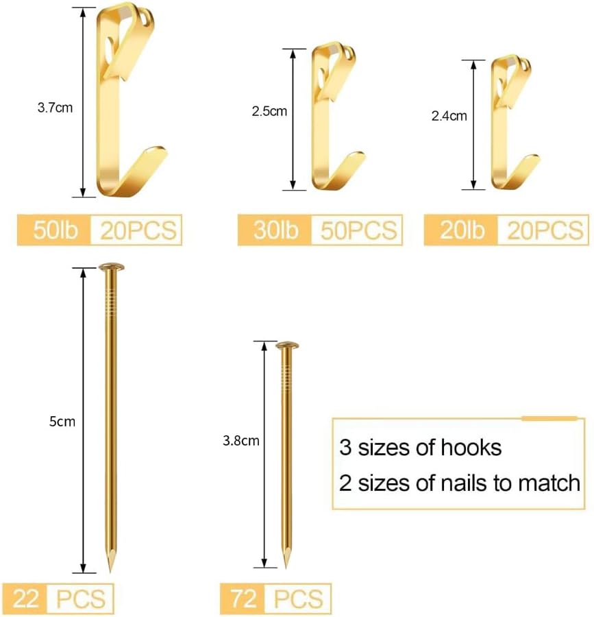 Detalle 2 de Romeda Model 1 184-Piece Picture Hanging Kit, Gold Steel Hooks, 20/30/50 lb