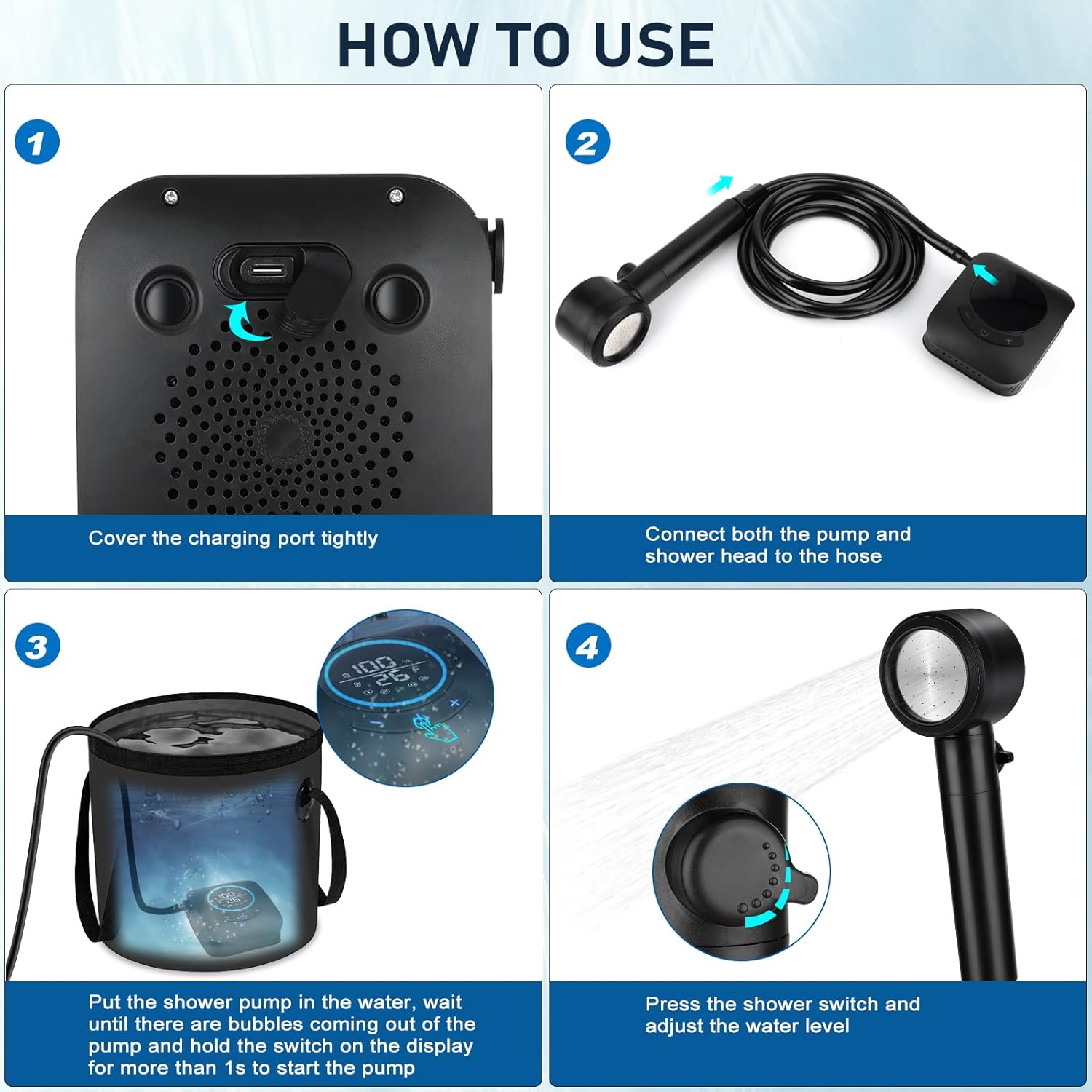 Detalle de Spopal Camping Shower (8000mAh rechargeable) with LED display, 4 spray modes and IPX8 waterproof kit