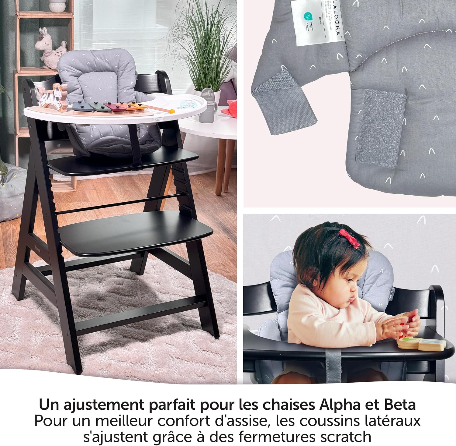 Detalle de LaLoona baby bedding réducteur pour chaise haute Hauck Alpha et Beta — coussin d’assise moelleux gris, certifié OEKO-TEX Standard 100