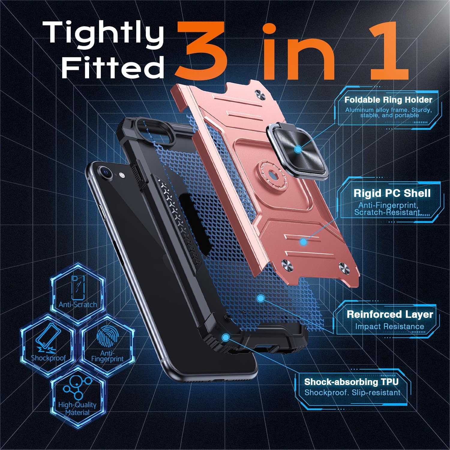 Thumbnail 5 de Anqrp Armor Hülle für iPhone SE (2020/2022) – Militärischer Schutz, Ringhalter & Ständer in Roségold