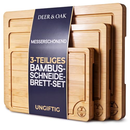 Detalle de Deer & Oak Schneidebrett-Set aus Bambus 3-teilig – vorgeölt, mit Saftrille und Griffen