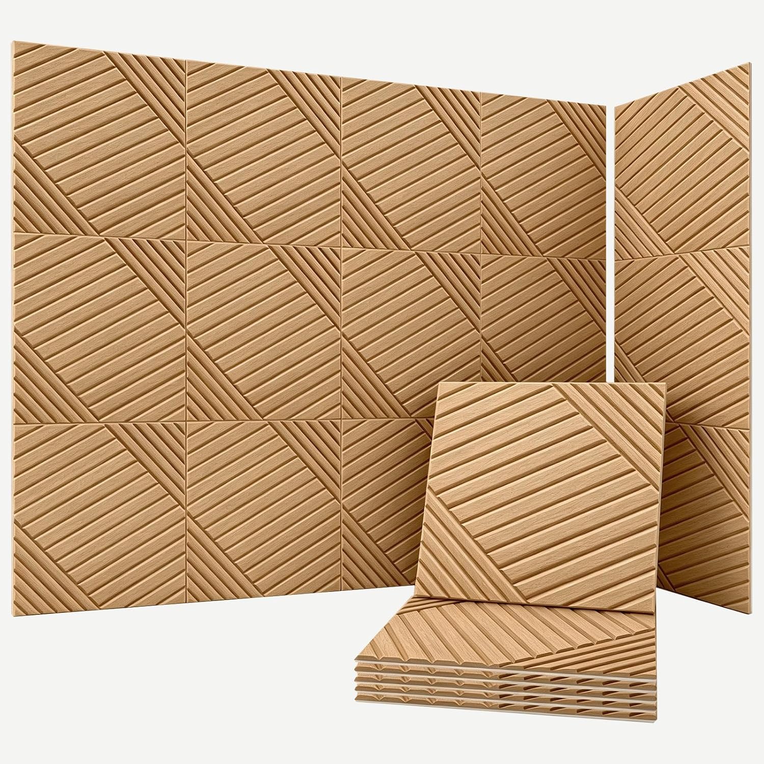 Detalle de Knightsacoustic 16-Pack 12 x 12-Inch Faux-Wood Peel-and-Stick Acoustic Wall Panels