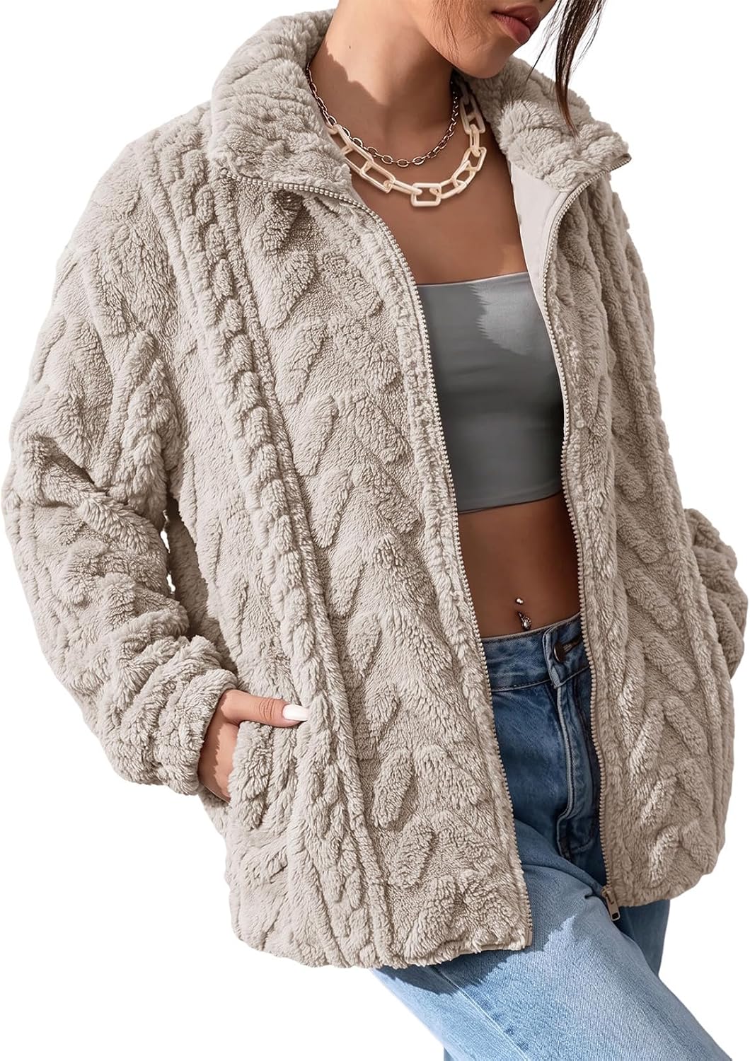 Detalle de Dokotoo Women's Winter Fleece Jacket, Zip-Front Sherpa with Pockets
