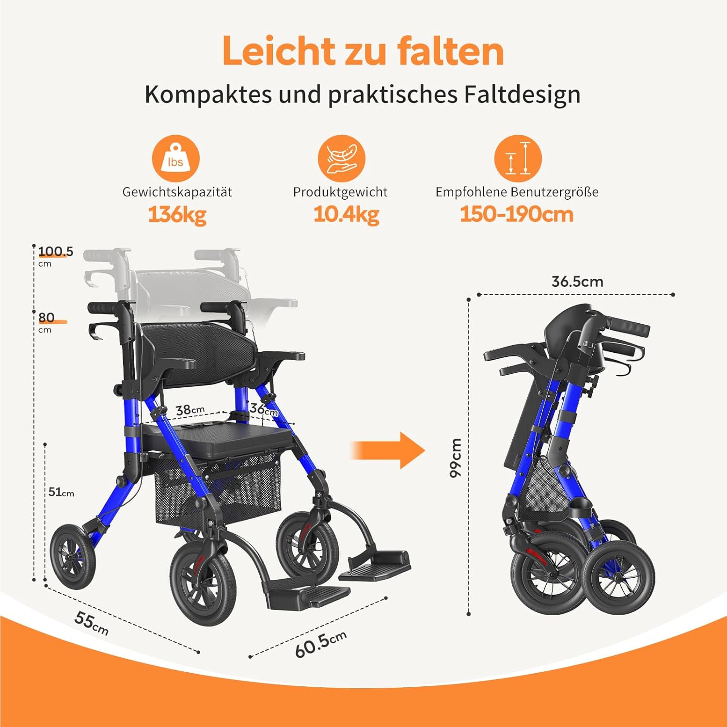 Detalle de VOCIC 2 in 1 Rollstuhl Rollator – faltbar, leicht und outdoor-fähig mit Sitz, Aluminium, Blau