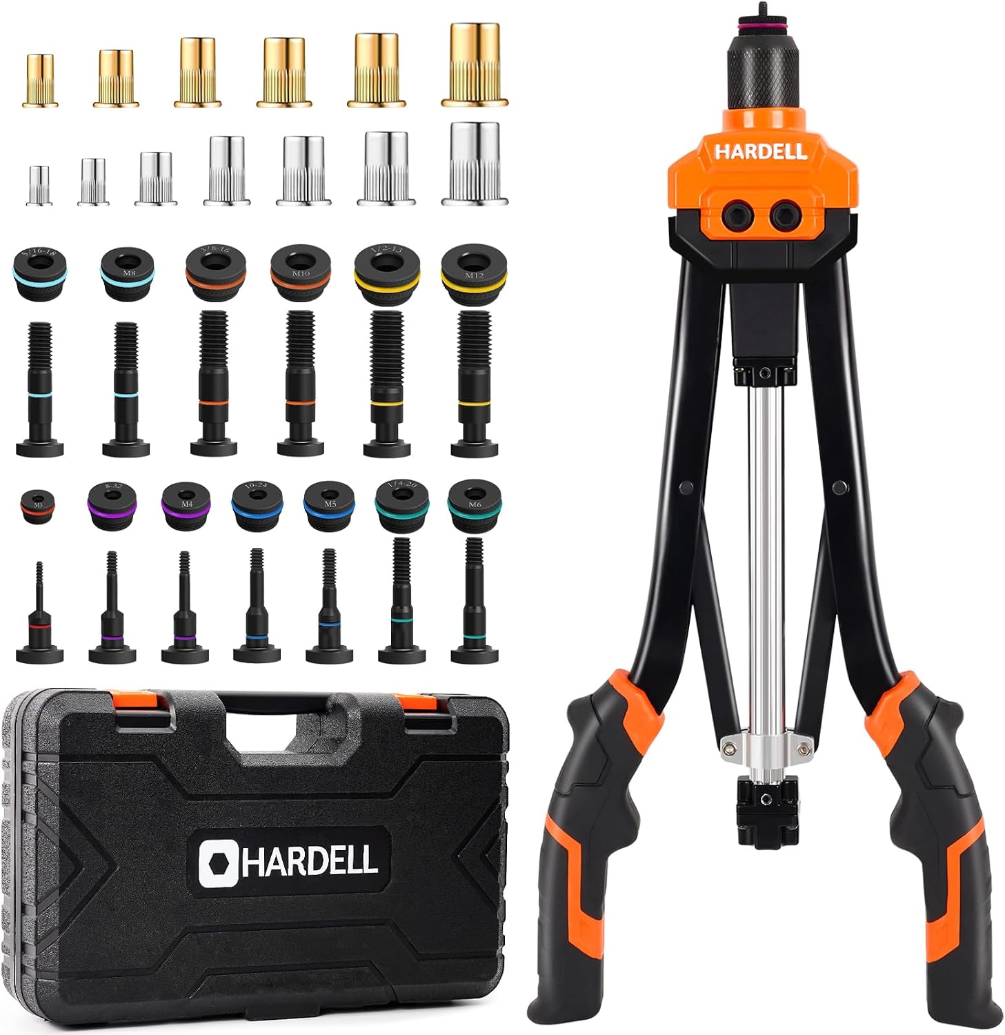 HARDELL Pince à Rivet 40,6 cm (16 pouces) – Jeu avec 186 écrous à rivets et 13 mandrins interchangeables (Métrique et SAE) + étui de transport