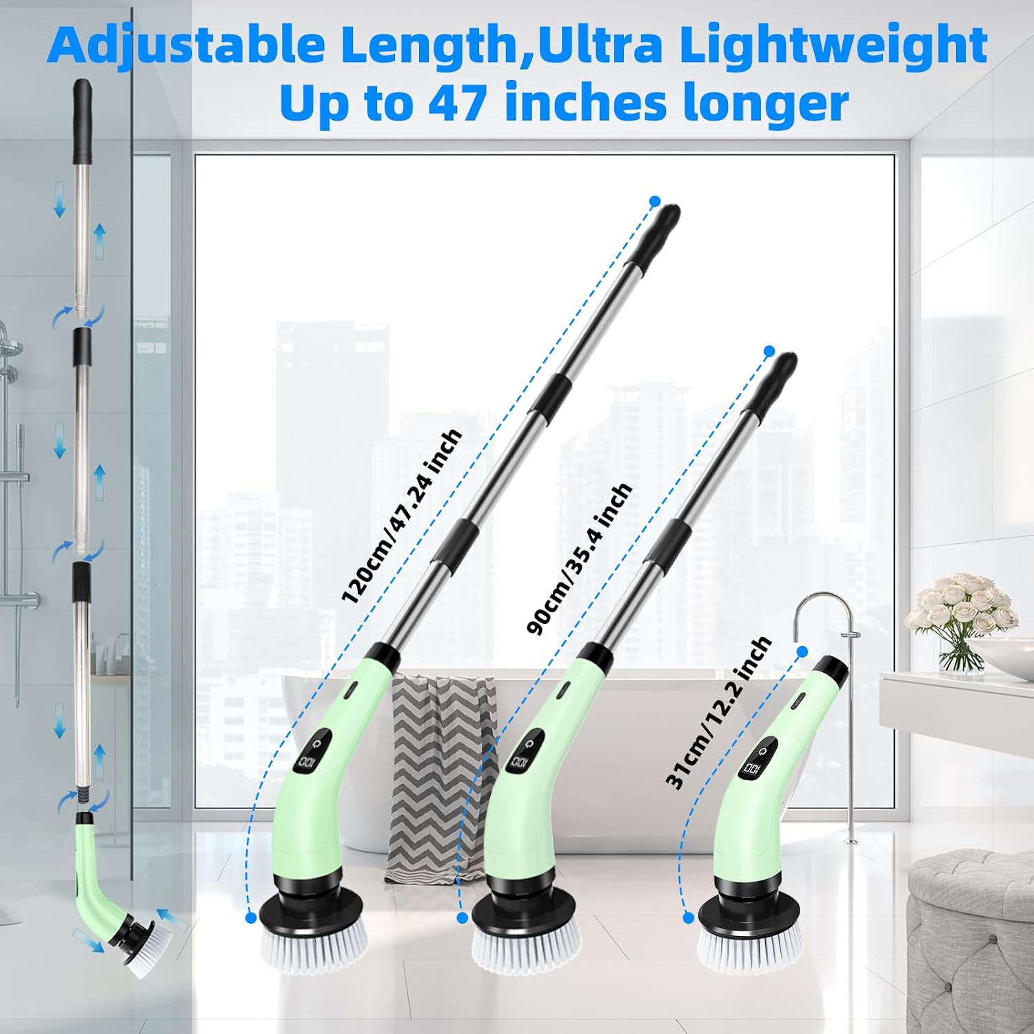 Detalle 2 de SINZUX Electric Spin Scrubber with 8 Replaceable Heads, LED Display and Adjustable Extension Handle (Green)