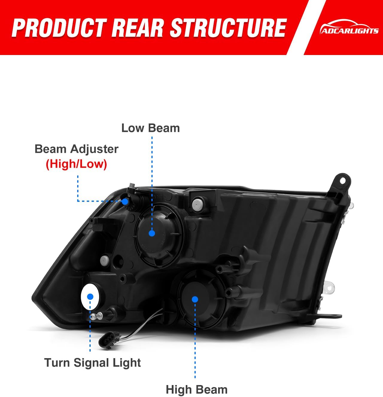 Thumbnail 4 de ADCARLIGHTS Headlight Assembly Replacement for 2010–2018 Dodge Ram (Chrome Housing, Amber Reflector)