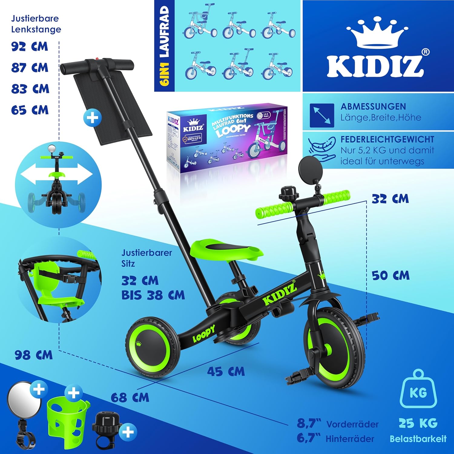 Thumbnail 6 de KIDIZ 6in1 Laufrad Dreirad LOOPY – Begleiter für 1–5 Jahre mit Verstellbarer Stütze