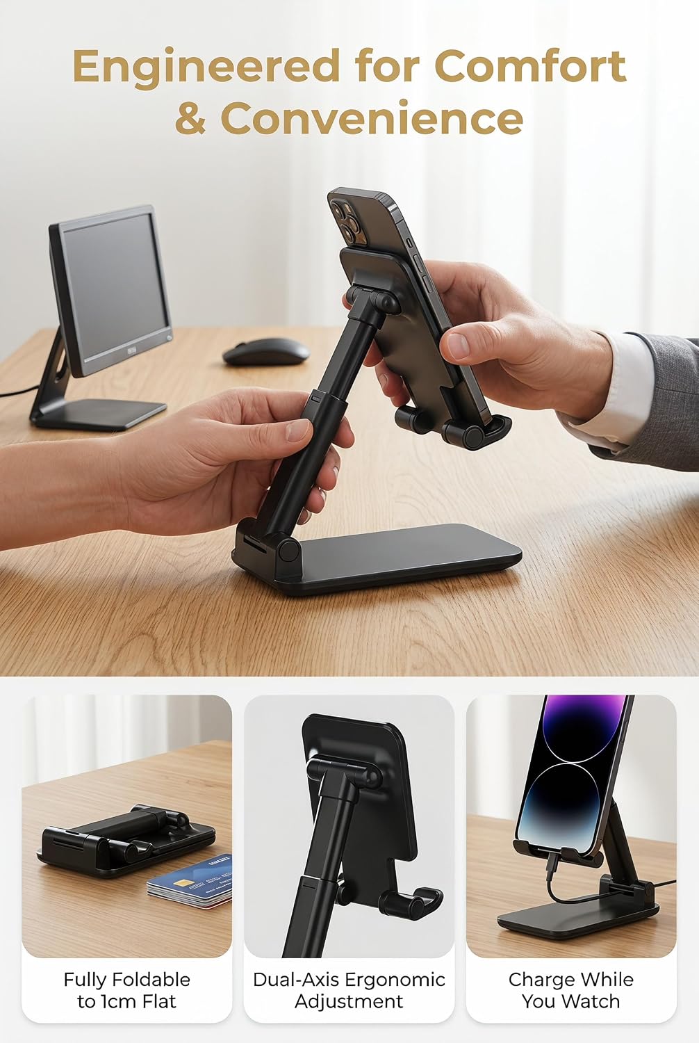 Detalle 1 de OGMAPLE MT-10 Foldable Phone Stand, Adjustable Black Desk Holder