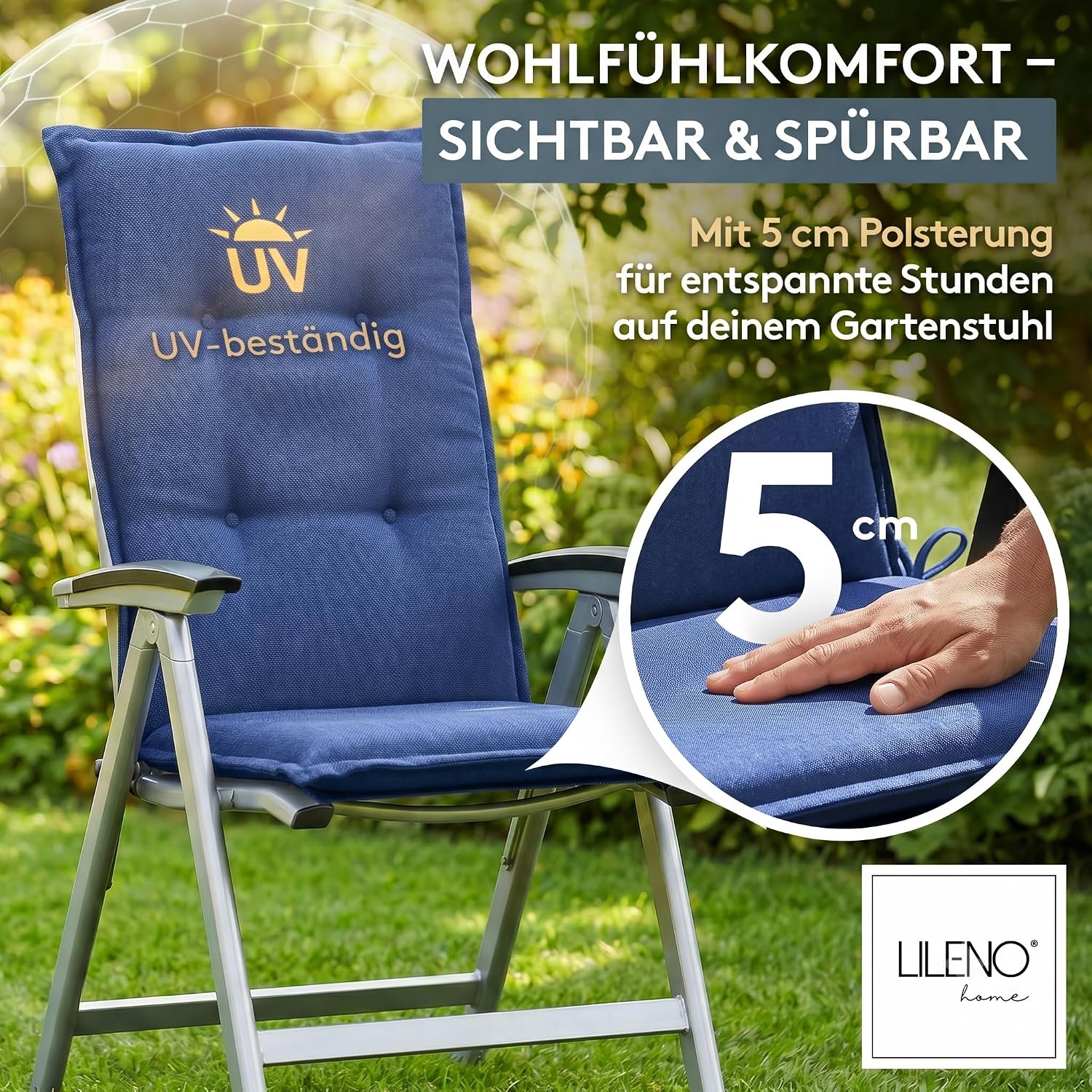 Detalle de LILENO HOME Gartenstuhl Auflagen 2er Set Hochlehner Blau Uni – Bequeme Sitzauflagen für Gartenmöbel
