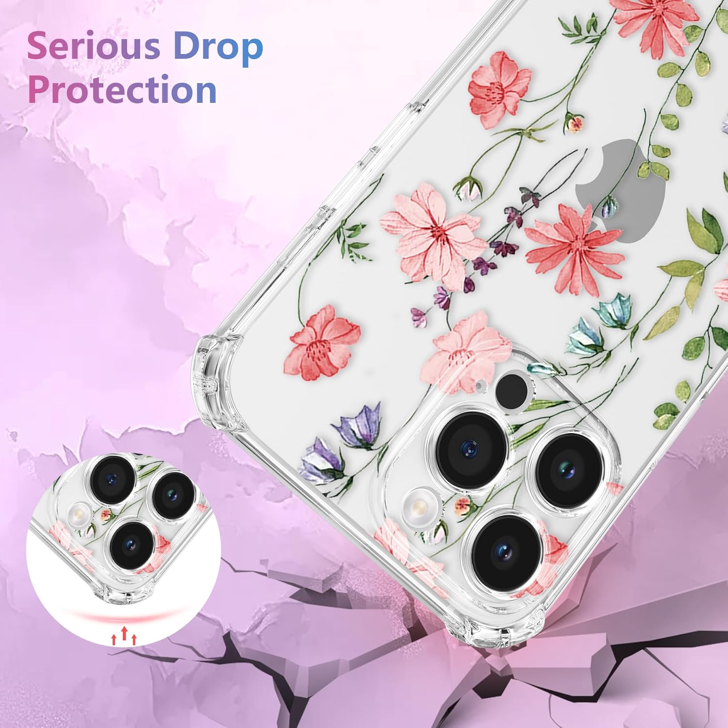 Thumbnail 1 de DEFBSC Weiche Hülle für iPhone 16 Pro Max – Transparente Florale Muster Hülle, rosa Kosmos