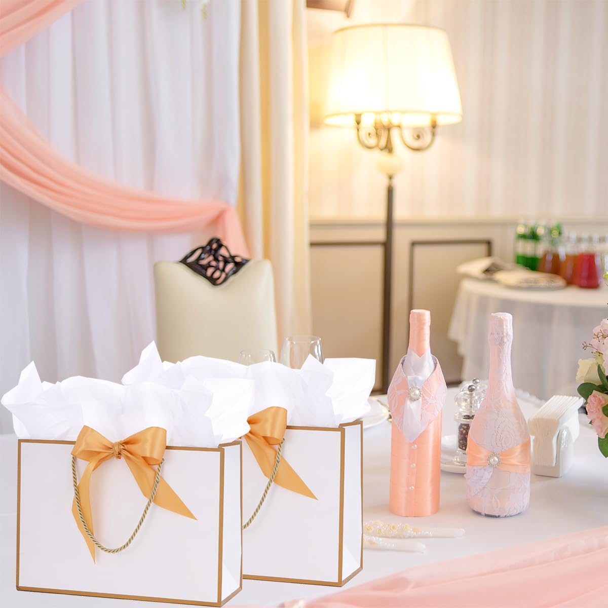 Thumbnail 5 de Dimetey 8-Pack Metallic Paper Gift Bags with Handles, Bow Ribbon, Tissue & Card (White, 20 x 28 x 10cm)