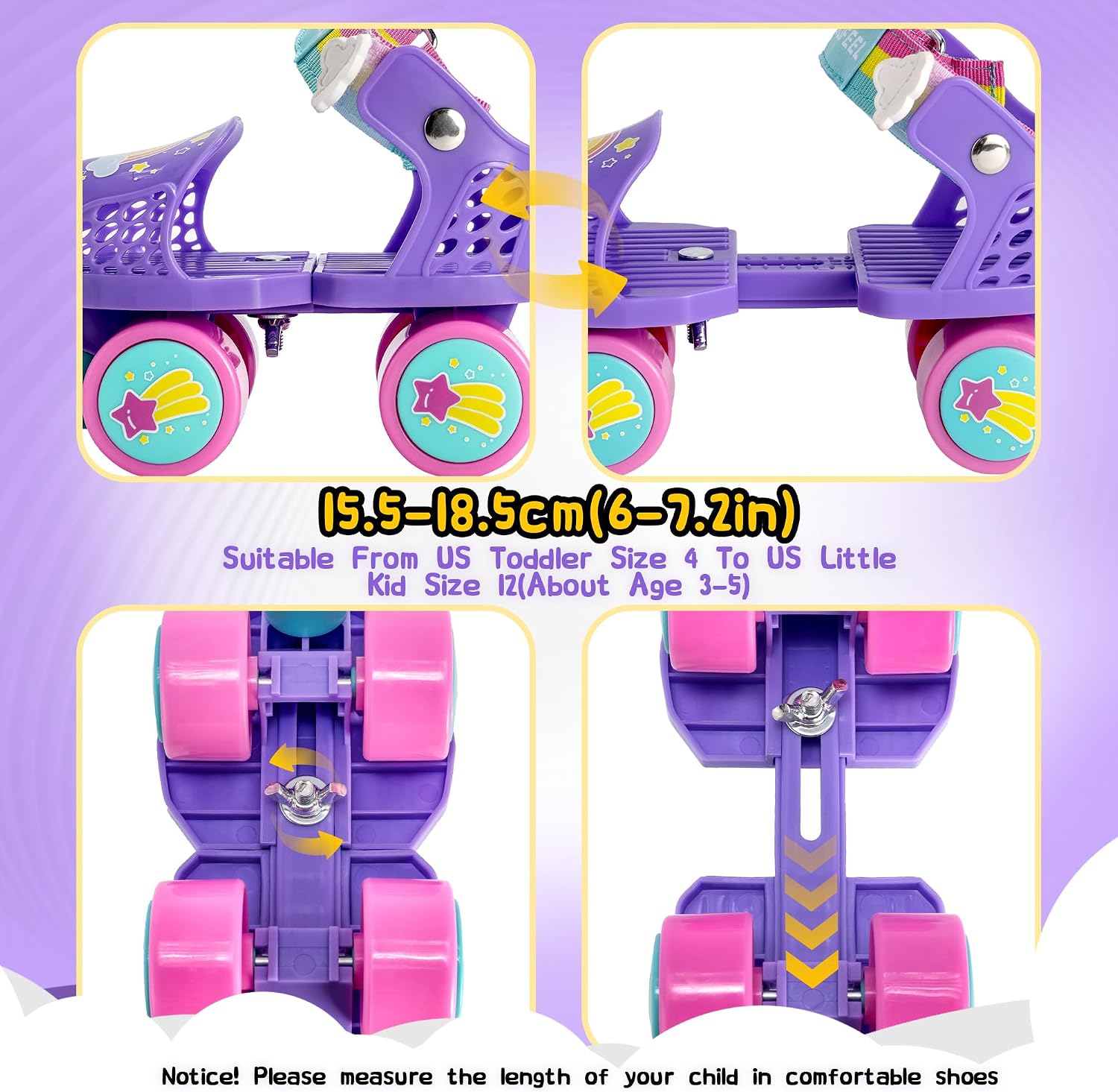 Detalle de SULIFEEL Kids Adjustable Quad Roller Skates for Ages 2–5: Toddler Beginner Skates with Cartoon Design