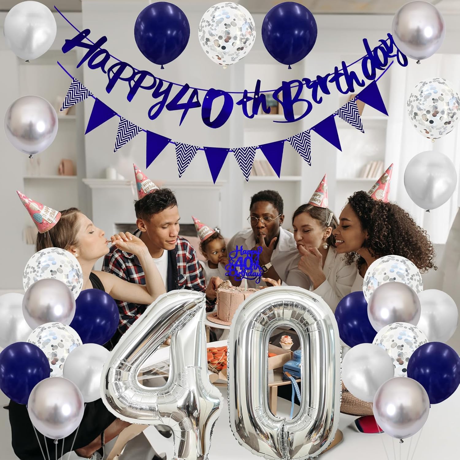 Detalle de Blue & Silver 40th Birthday Decorations Set — Balloons, Banner, and Cake Topper for Men and Women