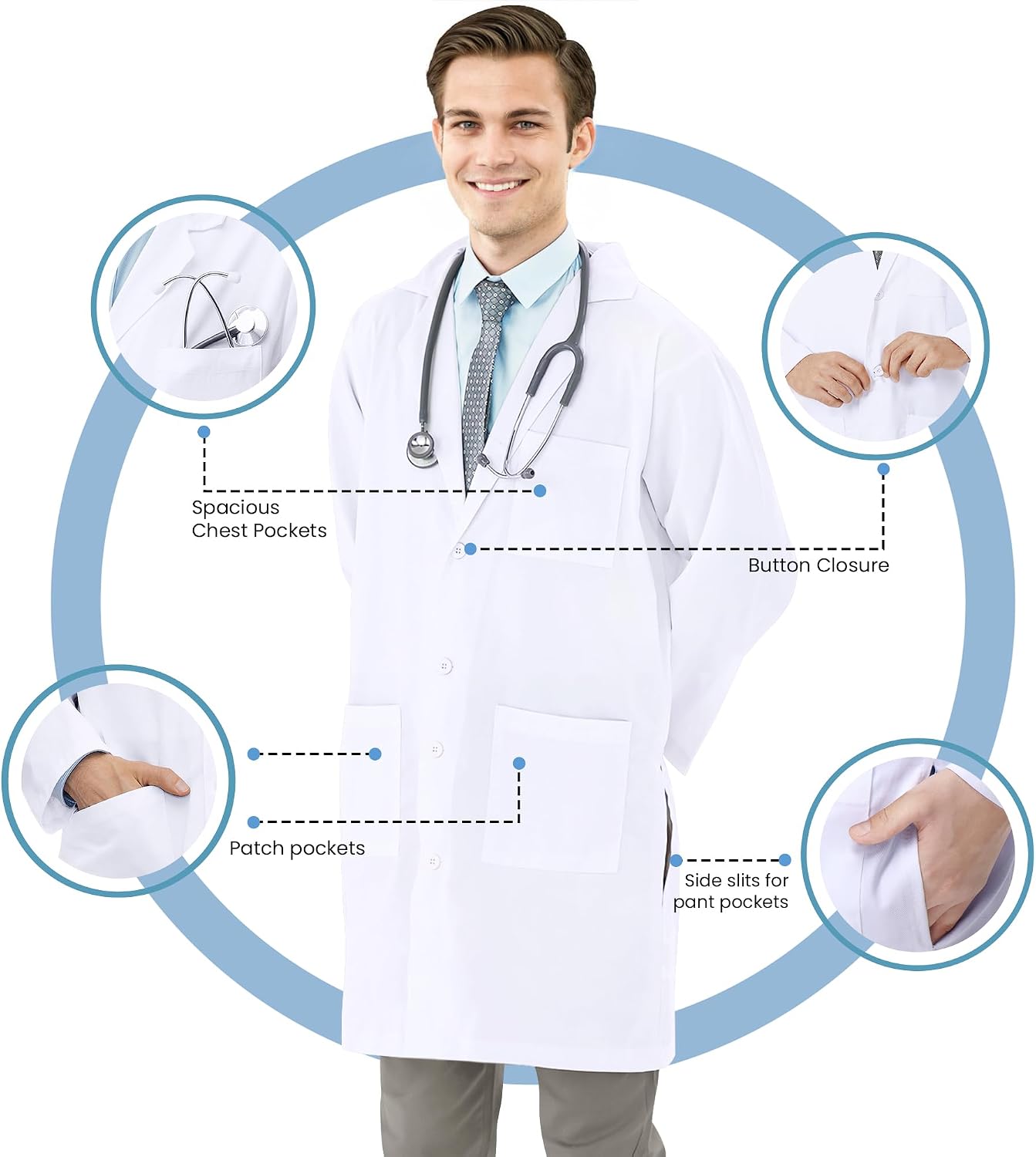 Detalle 2 de NY Threads labcoat men White Men's Lab Coat with 3 Pockets and Side-Slit Access