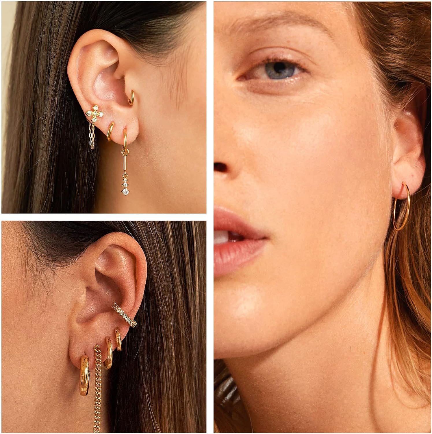 Detalle 2 de PABBEU Gold Hoop Earrings Set, Sterling Silver Posts, 13/15/20 mm