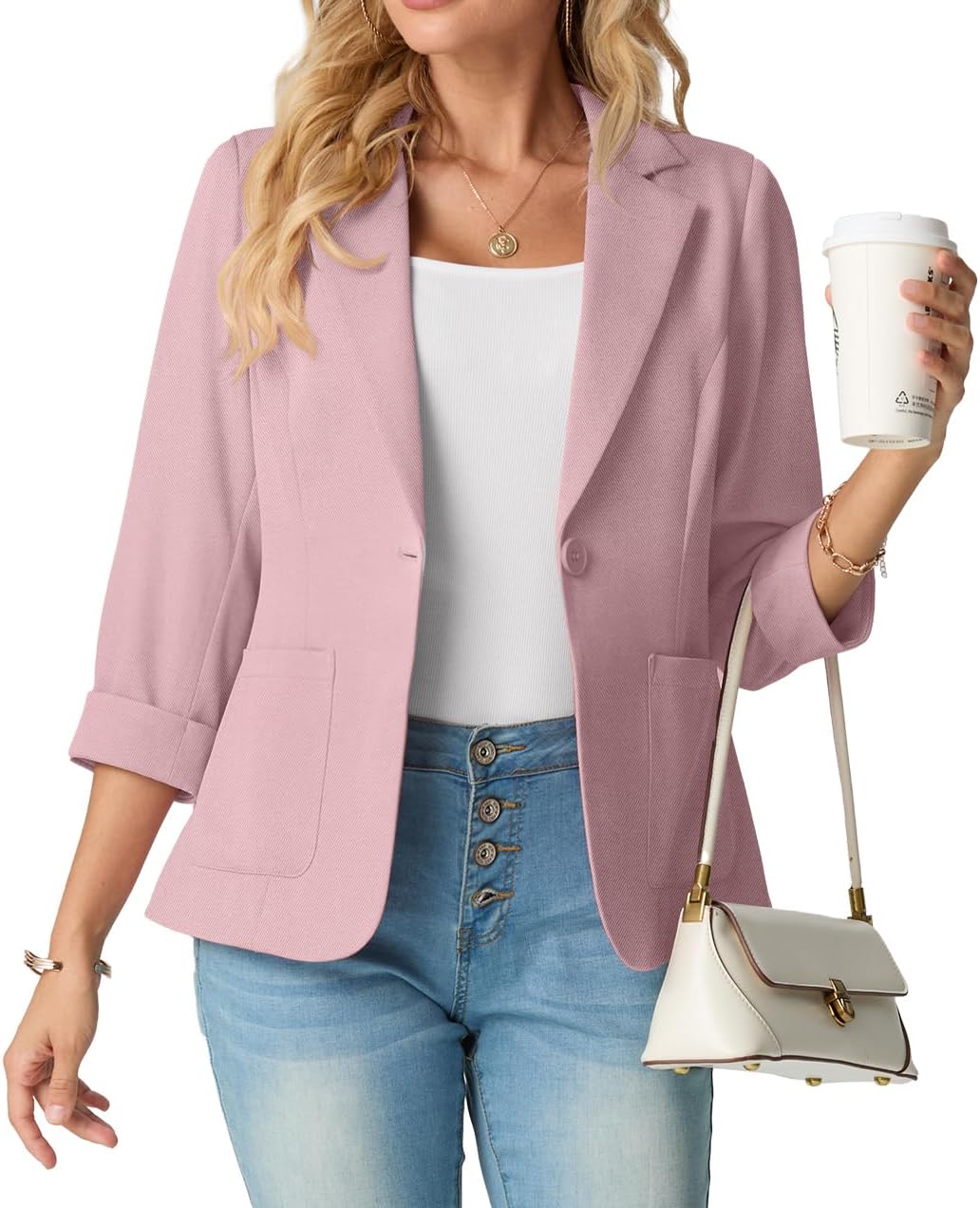 Detalle de GRECERELLE Lightweight Women's Blazer, 3/4 Sleeves, Pockets and Padded Shoulders