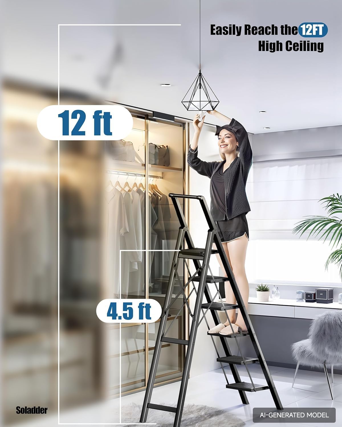 Detalle de Soladder S-FQT20B6-E 6-Step Folding Aluminum Ladder with Handrail