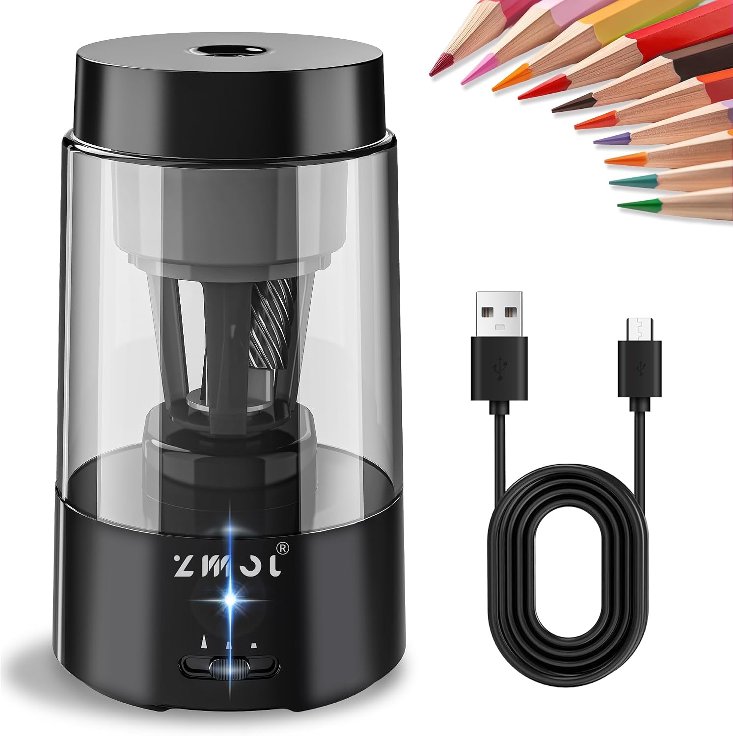 ZMOL Full Automatic Electric Pencil Sharpener – 6-8 mm, Rechargeable with Container (Black)