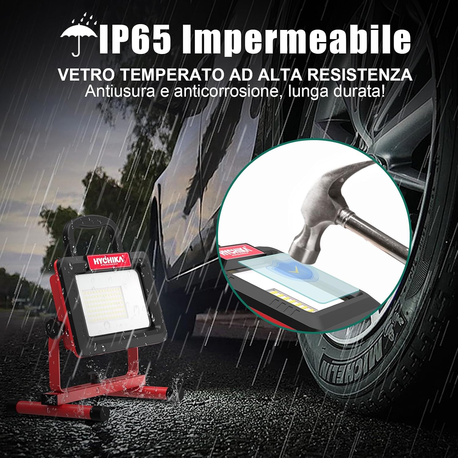 Detalle 2 de HYCHIKA Faretto LED da cantiere 100W: faro portatile 12.000 lm 6500K con rotazione 360° e cavo 2 m, IP65