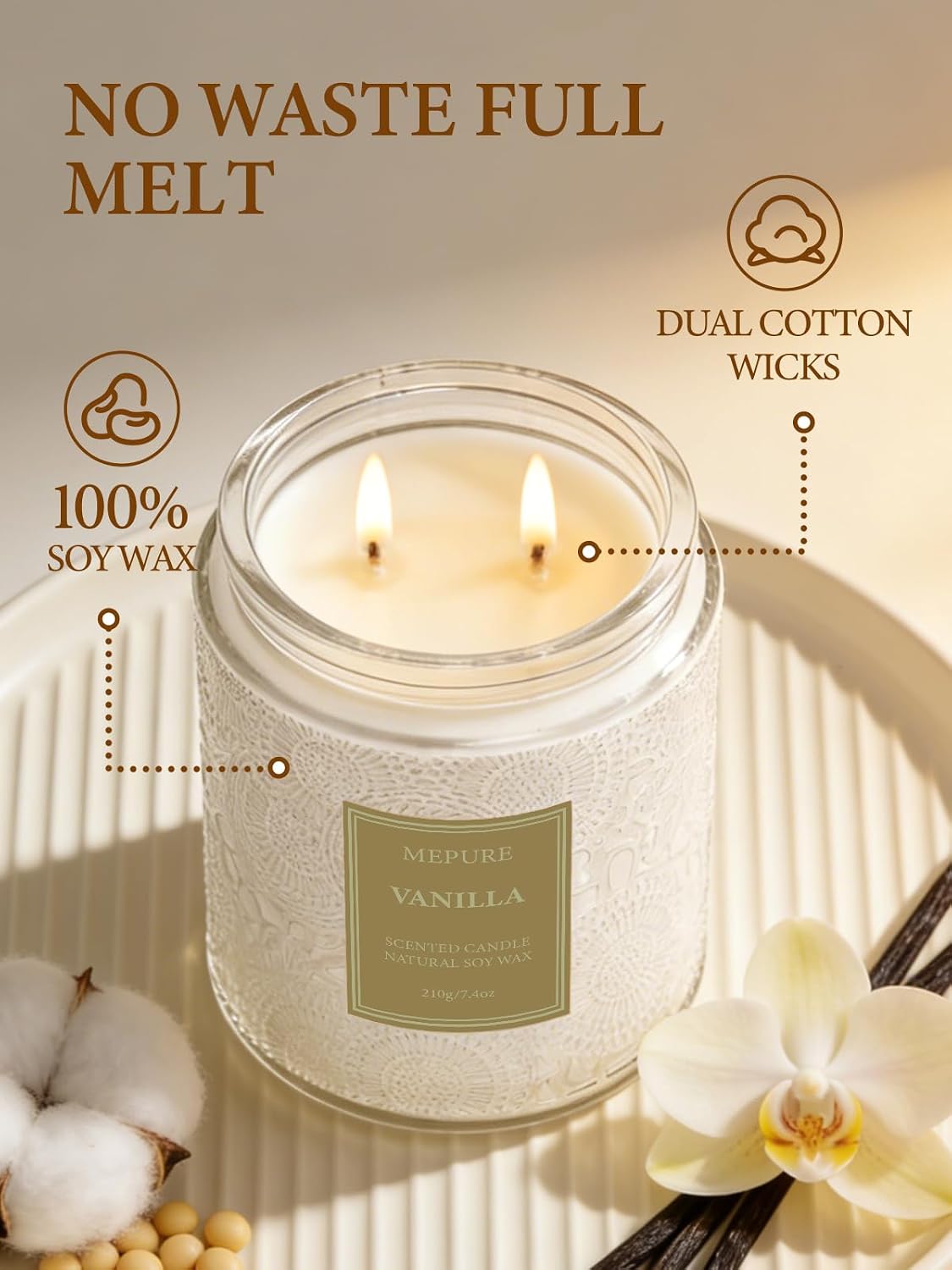 Detalle de Vanilla Soy Wax Scented Candle, 210g Hand-Poured with Double Cotton Wicks