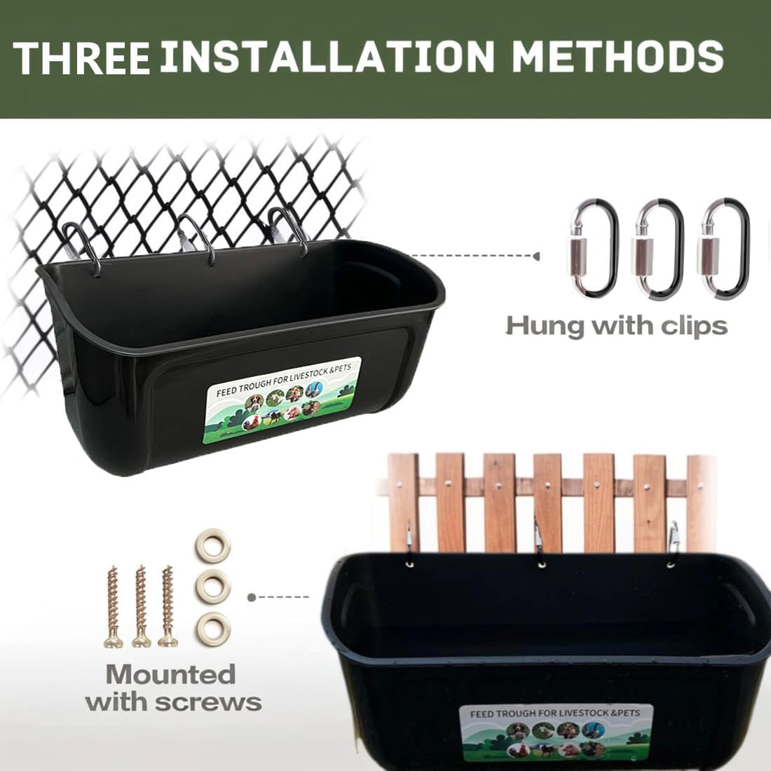 Thumbnail 1 de YEASQGS Extra Large Fence Feeder Chicken Hanging Feed Trough Poultry Waterer Bucket – 2 Pack (Black)