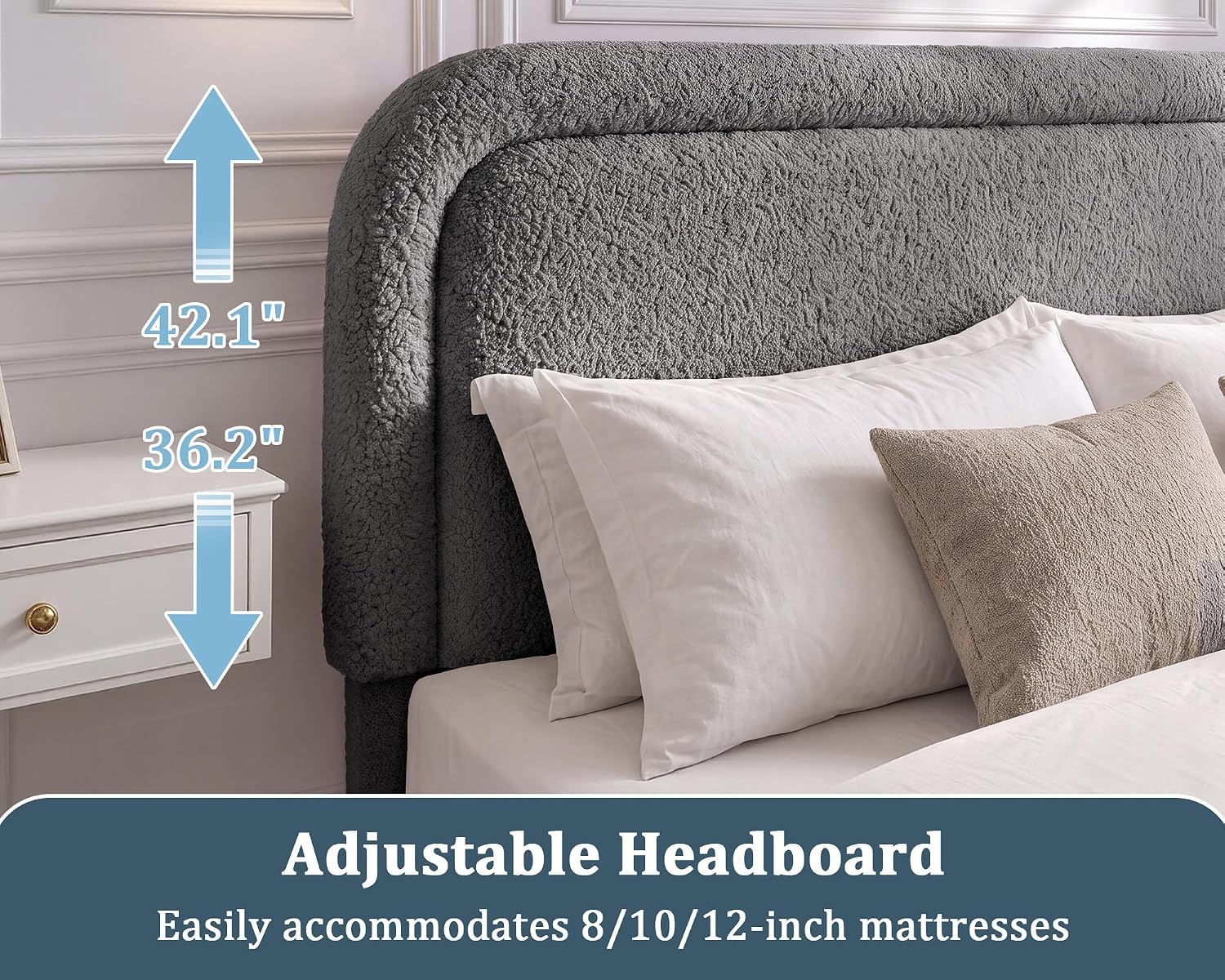 Detalle de Dyonery CA-BD23-DG-K King Boucle Bed Frame, Adjustable Headboard, Grey