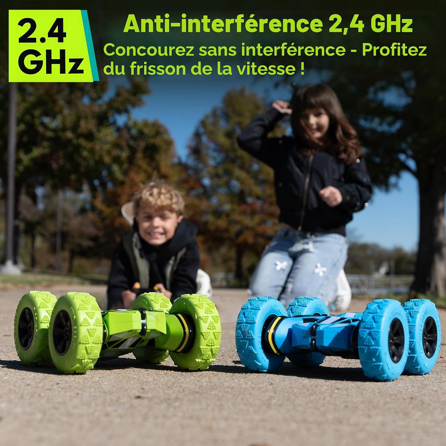 Detalle de Threeking Voiture Télécommandée Enfant RC à Cascades: batterie modulable, conduite double face et lumières douces