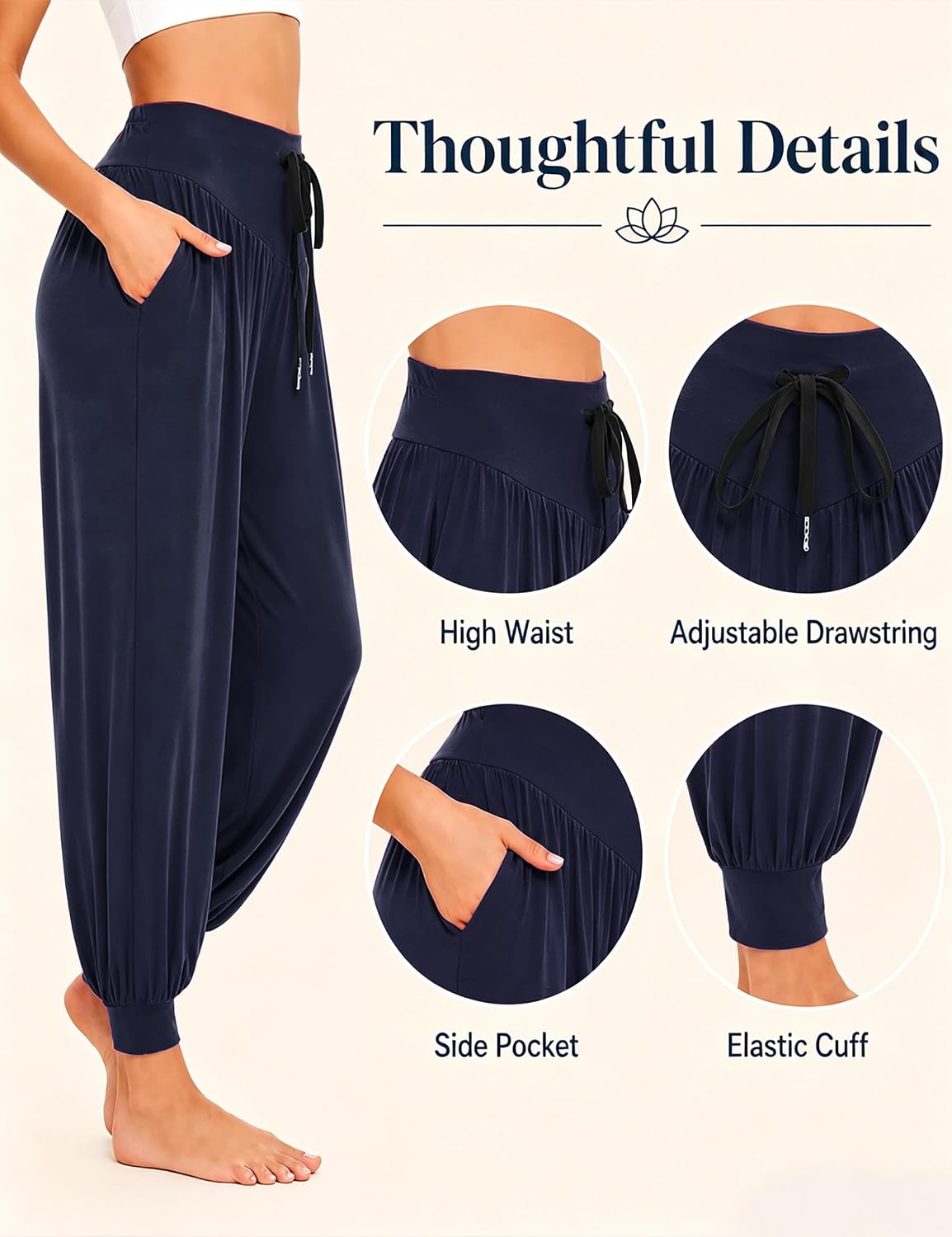 Detalle de Terecey Pantalon Sarouel Femme Sport Taille Haute Bouffant – Yoga, Pilates, Fitness