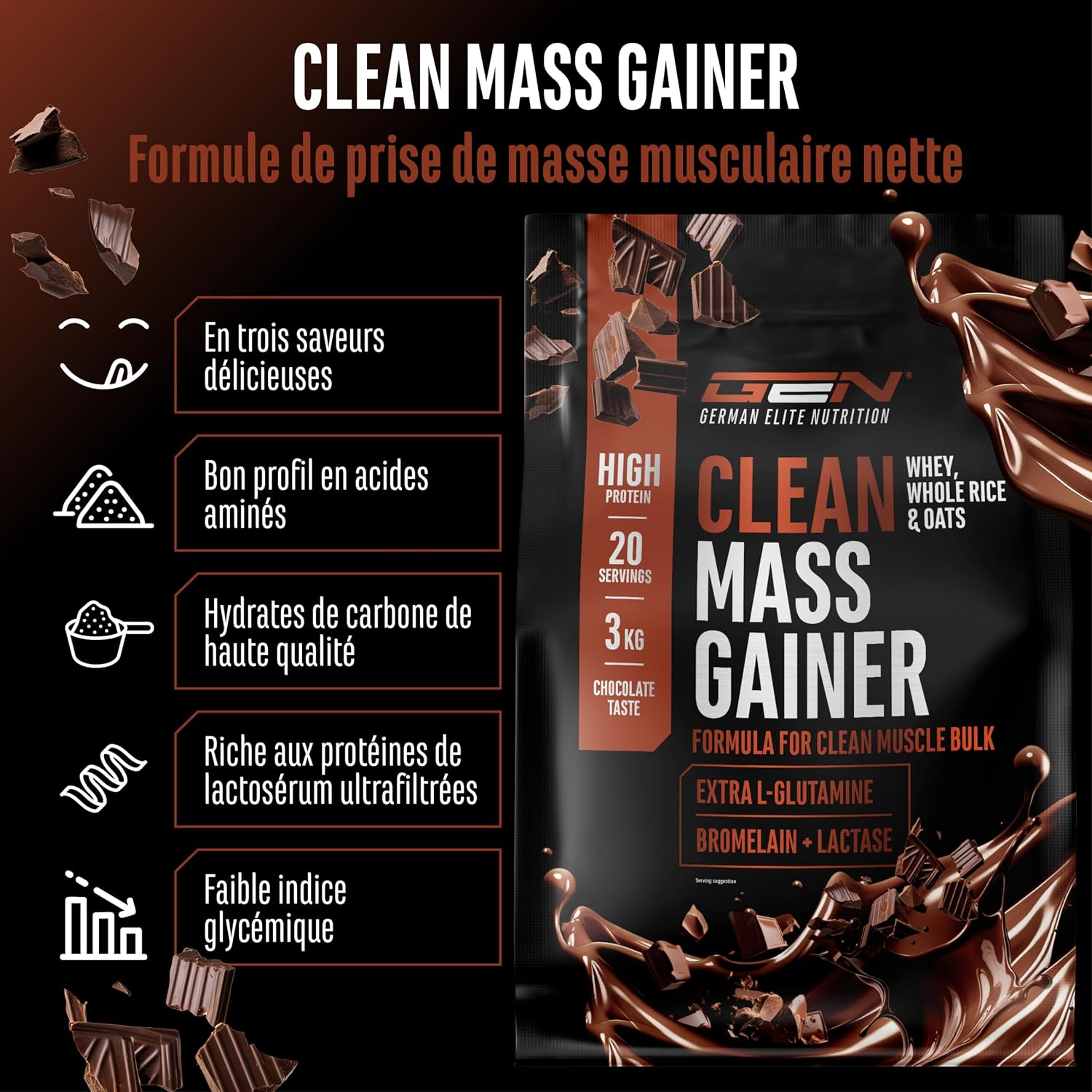 Detalle de Clean Weight Gainer 3 kg (chocolat) – gainer végétarien avec glucides complexes