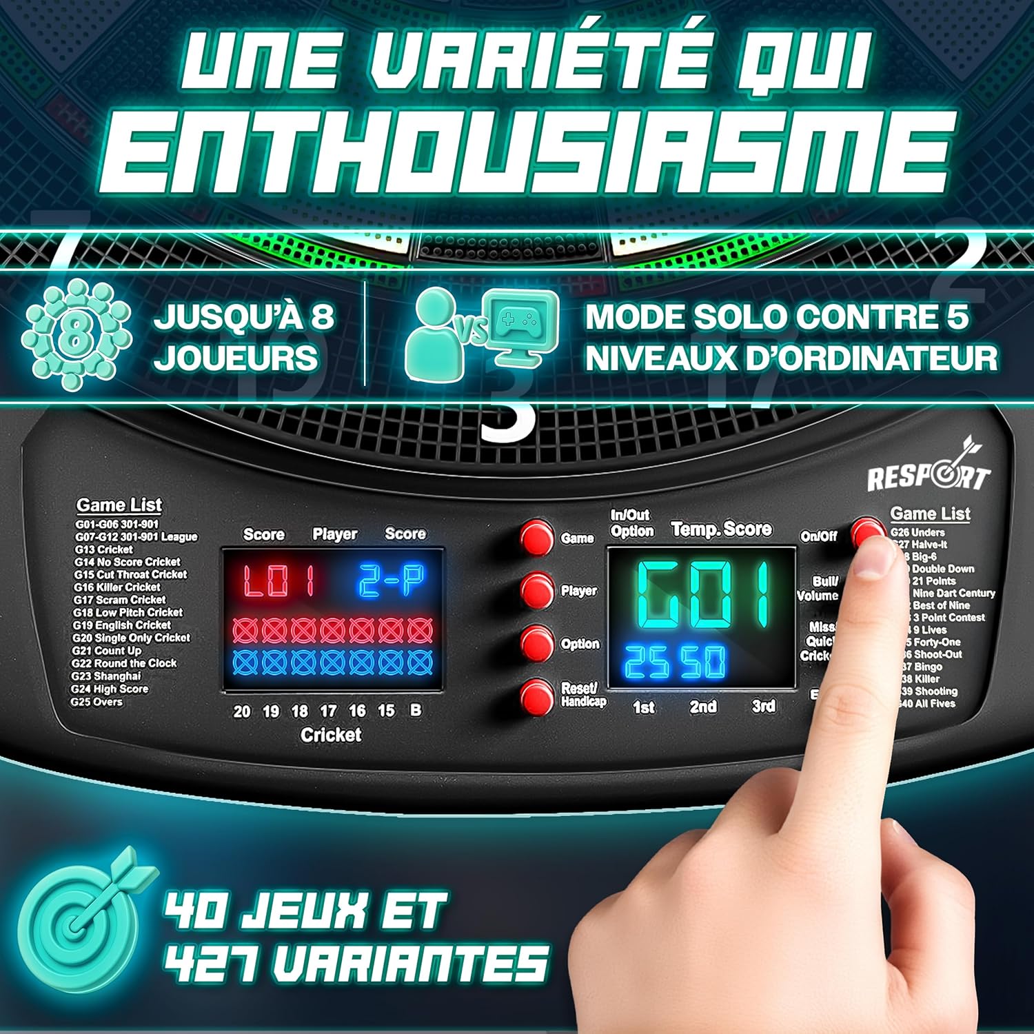 Thumbnail 4 de RE:SPORT Cible de fléchettes électronique professionnelle avec 12 flèches et accessoires — 1 à 8 joueurs, 427 variantes