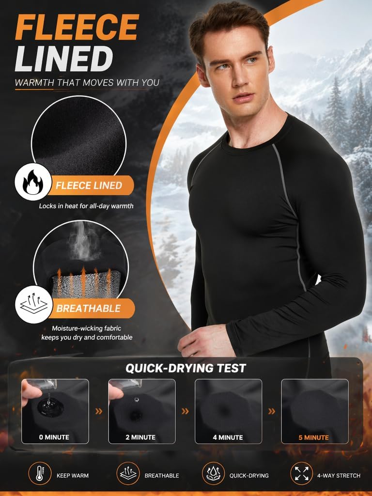 Detalle 2 de TELALEO Men's Thermal Compression Shirt, Fleece-Lined Long Sleeve Base Layer