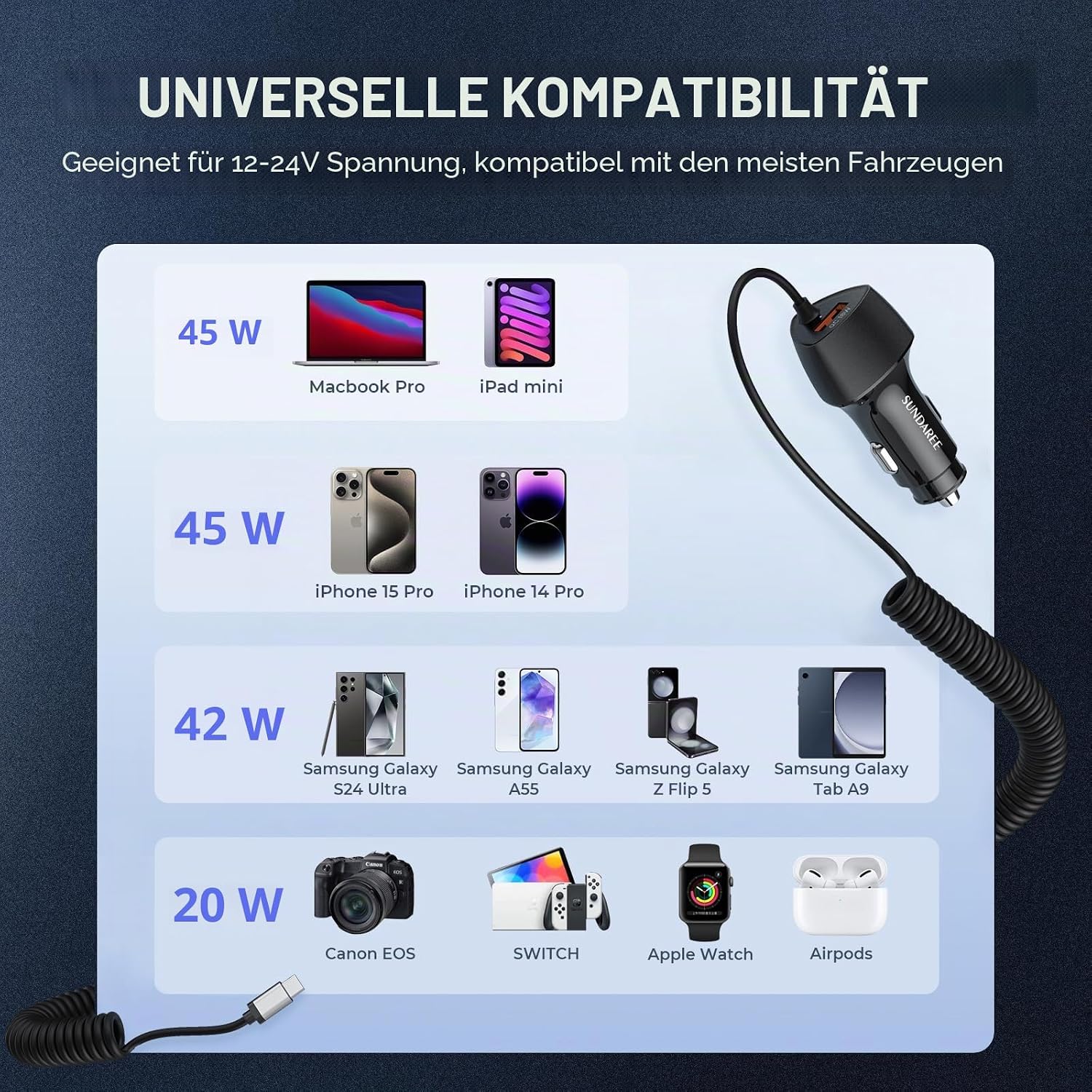 Detalle de SUNDAREE Auto-Ladegerät USB-C Kabel 90W – Schnellladen für 12V/24V Fahrzeuge