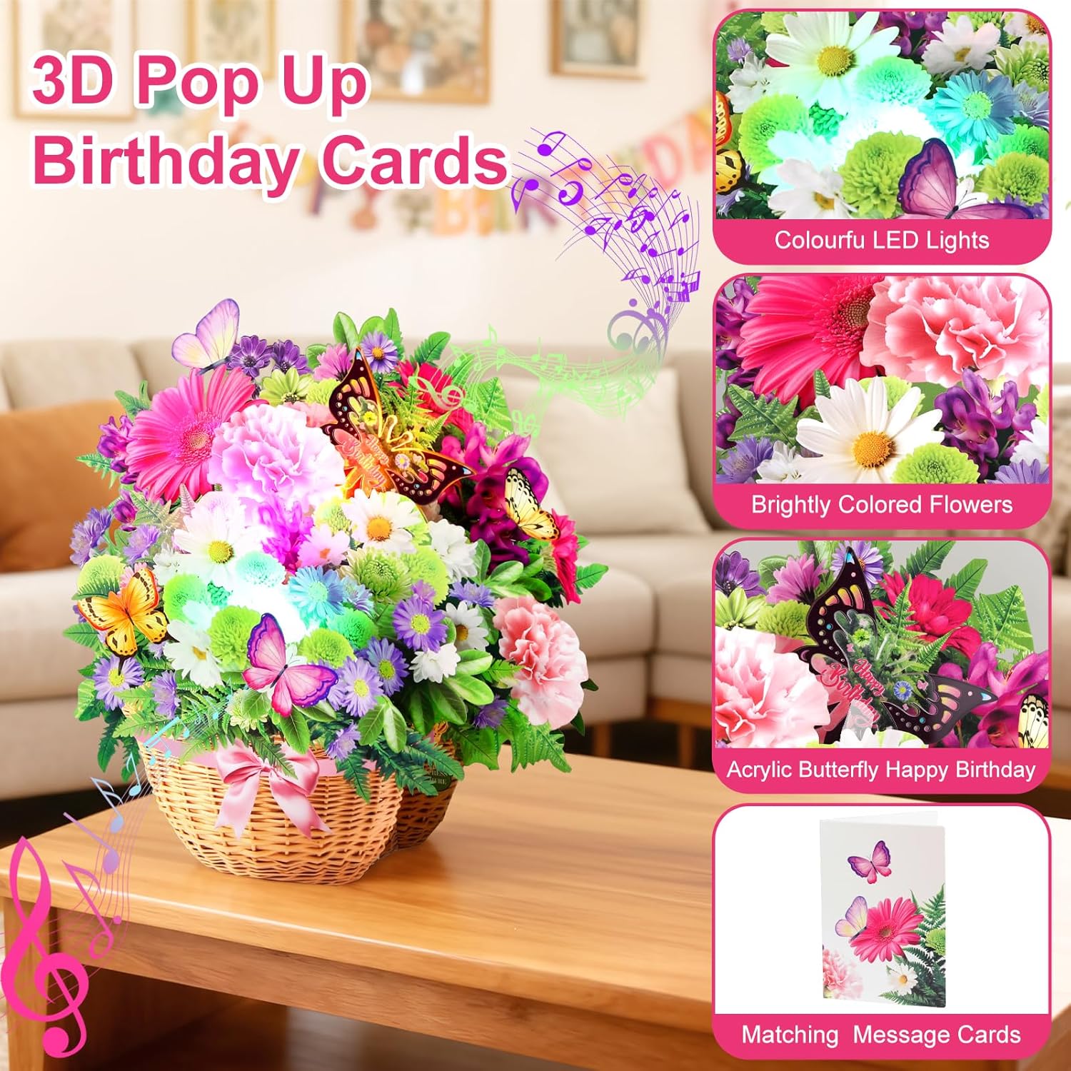 Thumbnail 3 de Birthday Cards: 3D Pop-Up Daisy Bouquet with Music and Lights