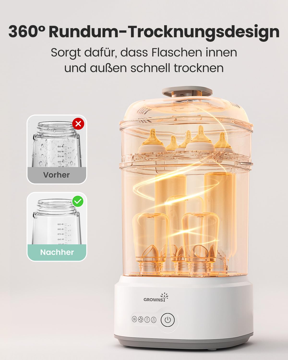 Detalle 2 de Grownsy Sterilisator für Babyflaschen mit Trocknerfunktion (5-in-1) – Dampfsterilisator & Luftfilter für bis zu 5 Flaschen