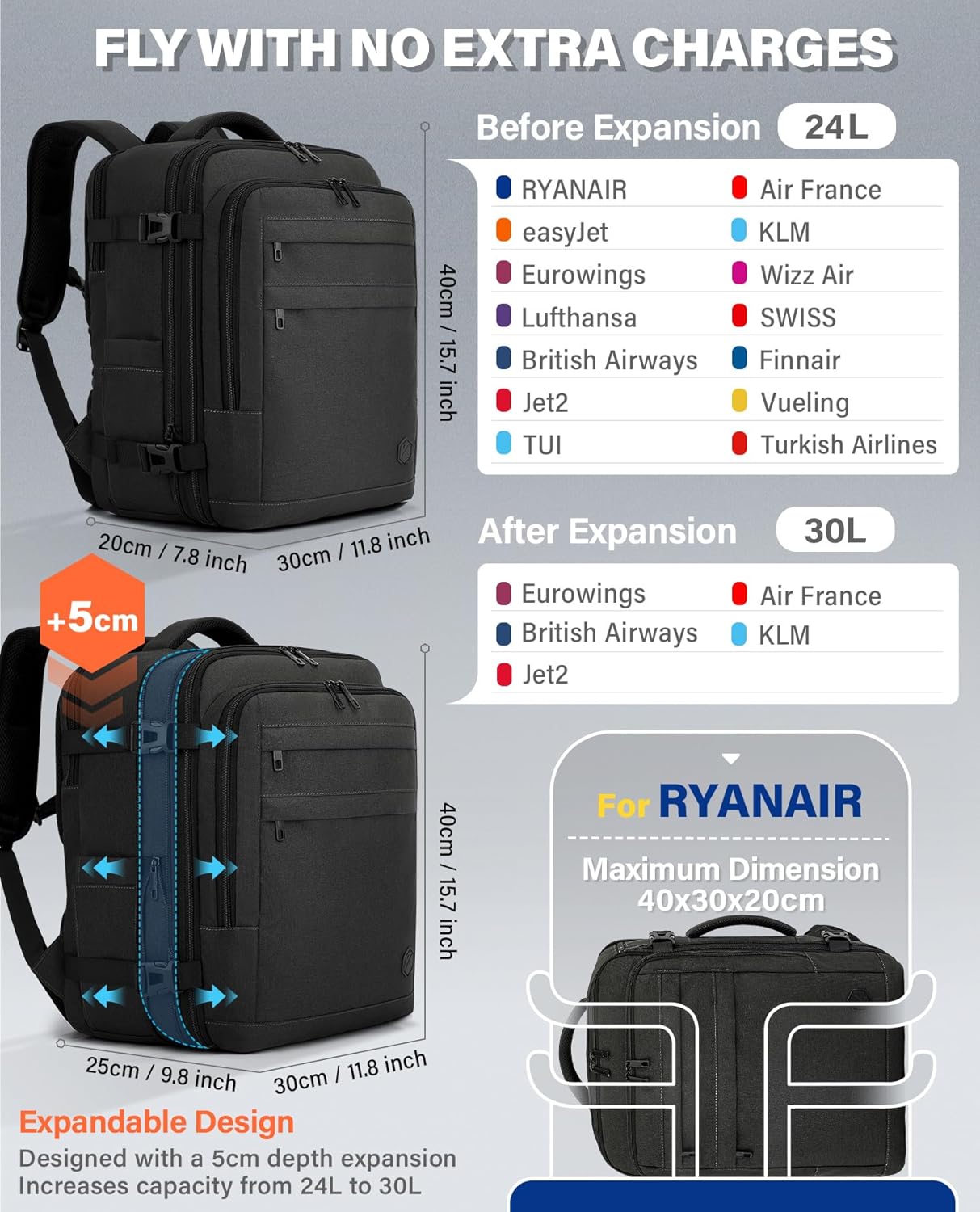 Detalle 2 de VANKEV Cabin Bag expandable 30L, fits 15.6-inch laptop