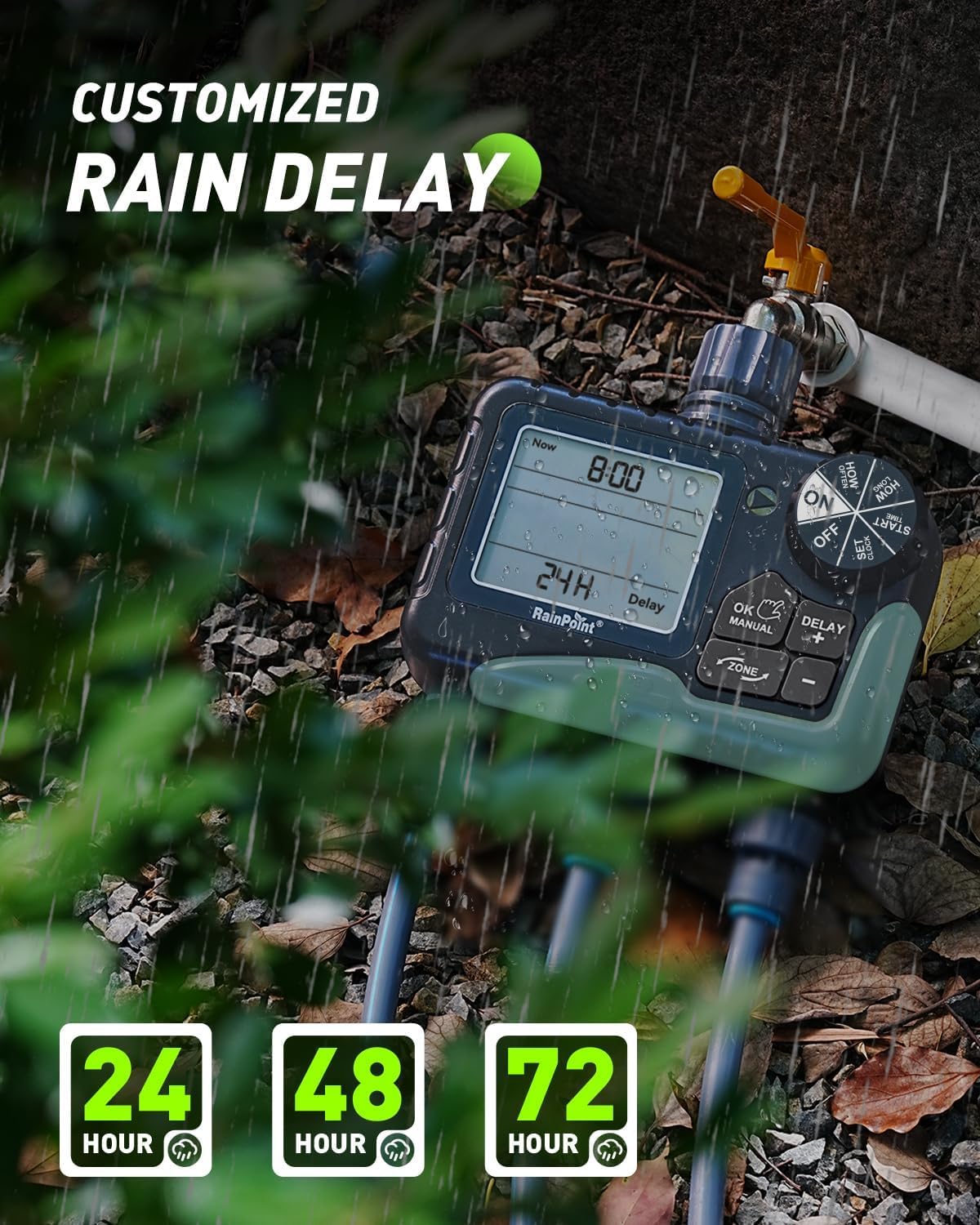 Detalle de RAINPOINT Programador de riego con 3 salidas y pantalla LCD grande (temporizador automático con retardo por lluvia)