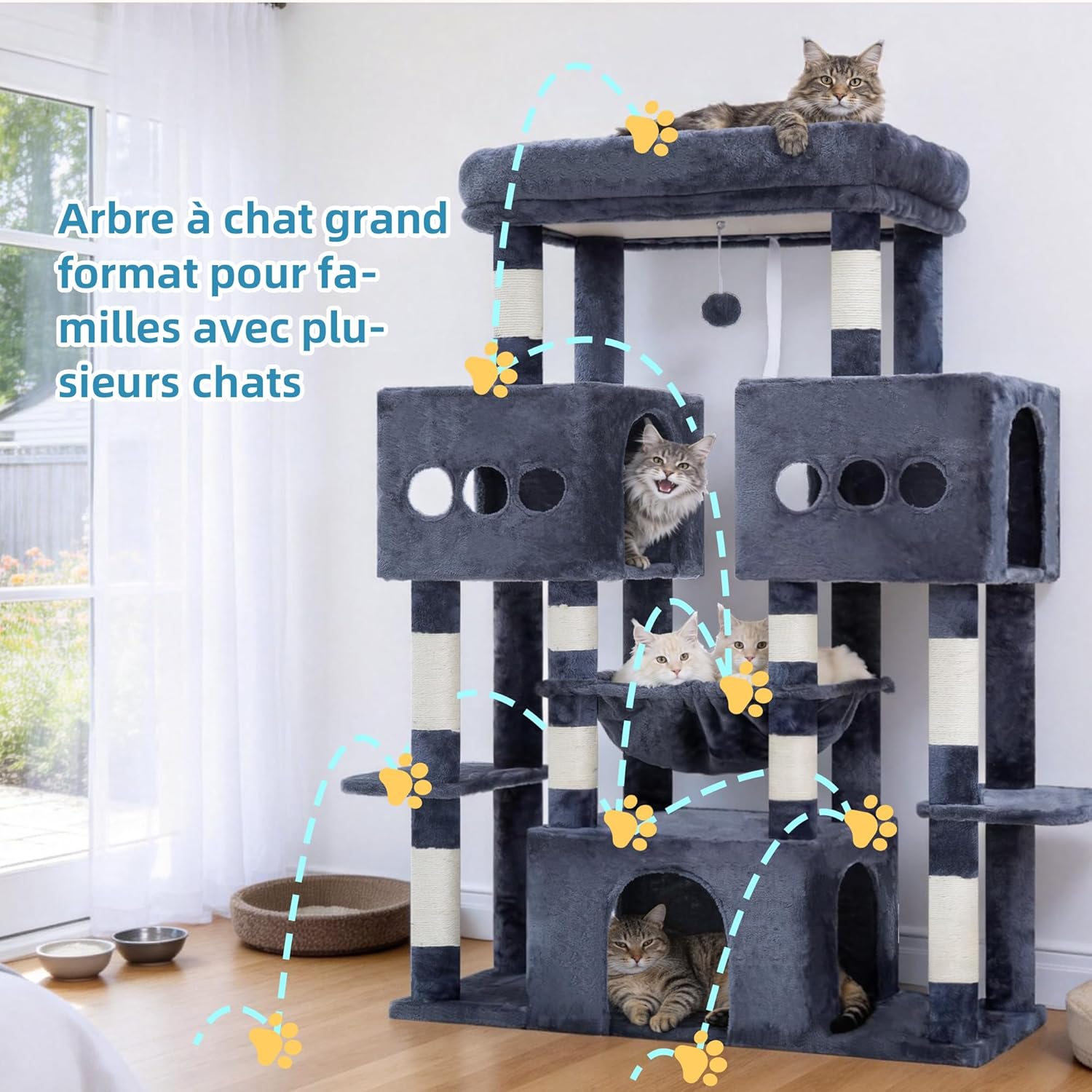 Detalle 2 de Hey-brother Arbre à Chat MPJ083G — Tour de Jeux Multiniveaux 144 cm pour Maine Coon