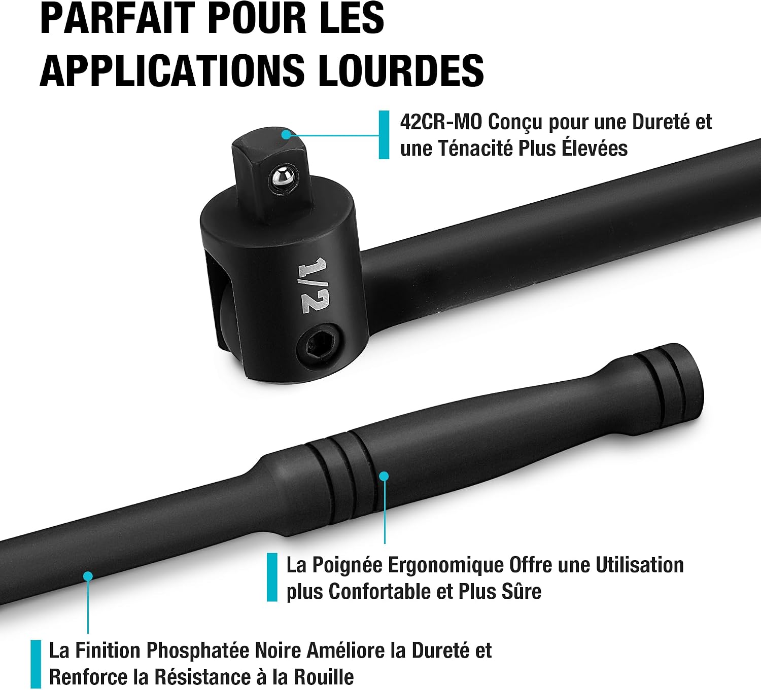 Detalle de DURATECH Clé à Cliquet Articulée 1/2" – Barre de force 600 mm, tête flexible 240°, 780 Nm