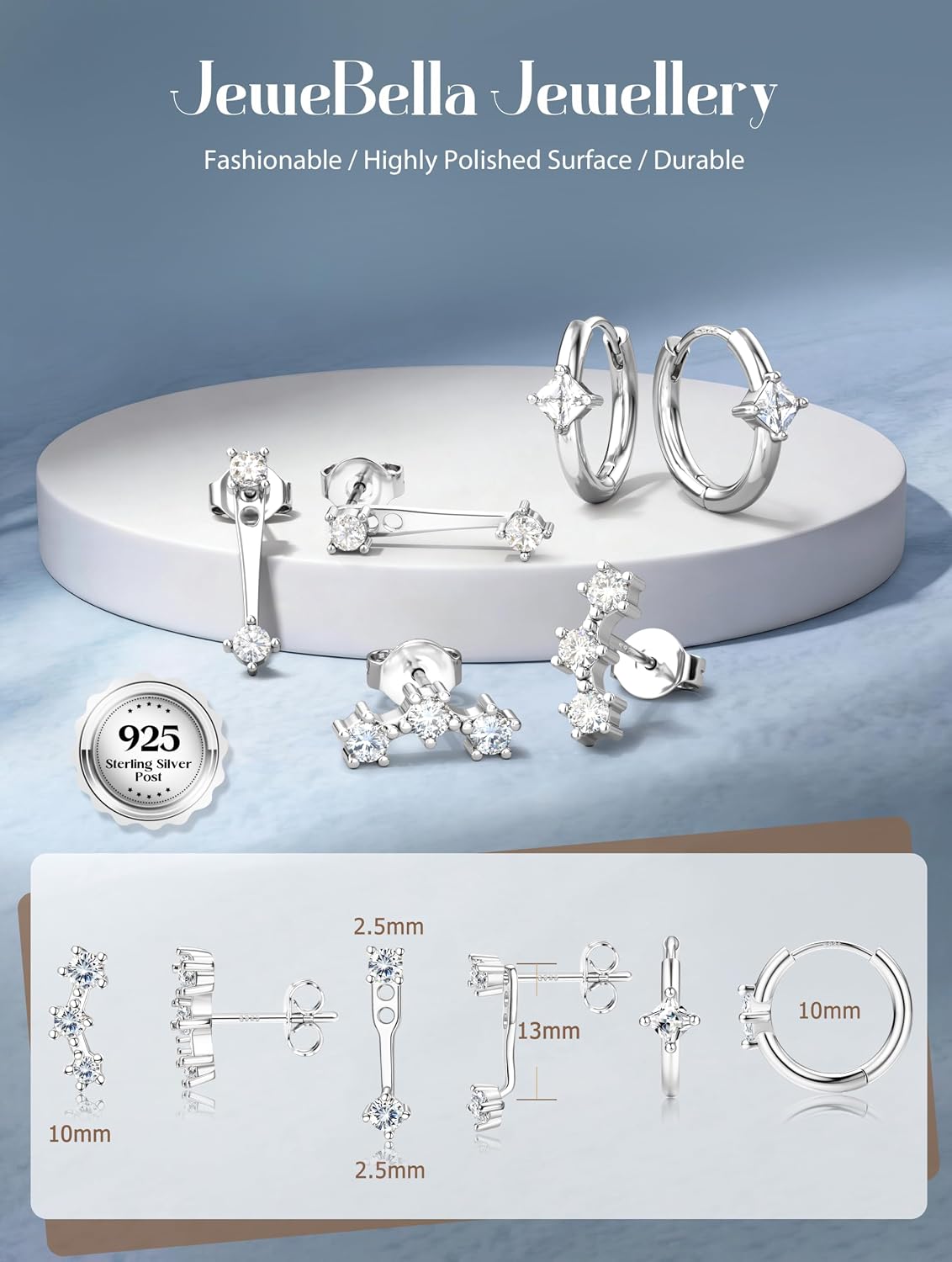 Detalle de JeweBella 3er-Set Ohrringe aus Sterlingsilber 925: Ohrstecker & Creolen mit Zirkonia (vergoldet) für Damen