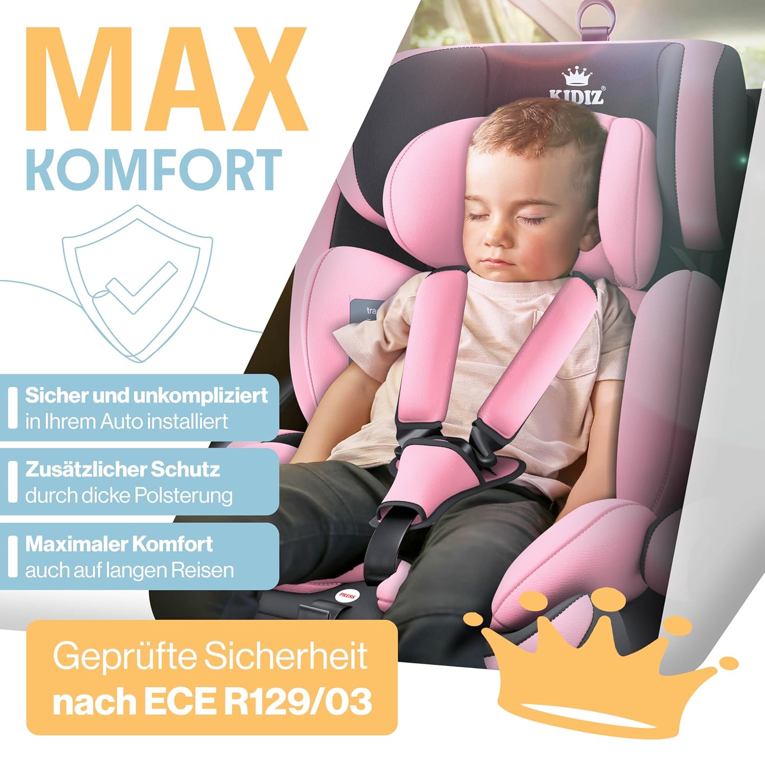Thumbnail 4 de KIDIZ Autokindersitz mit ISOFIX i-Size R129 (100–150 cm) und 5-Punkt-Gurt, rosa