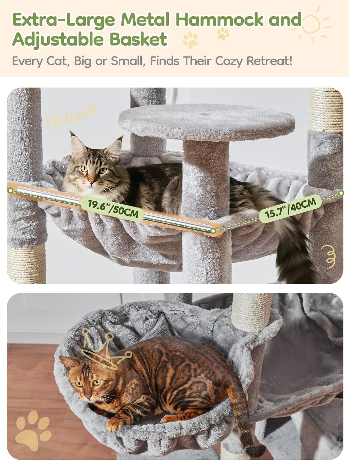 Detalle 2 de Taoqimiao MS047W 193 cm Cat Tree with 7 Sisal Posts, Metal Hammock & Hanging Basket