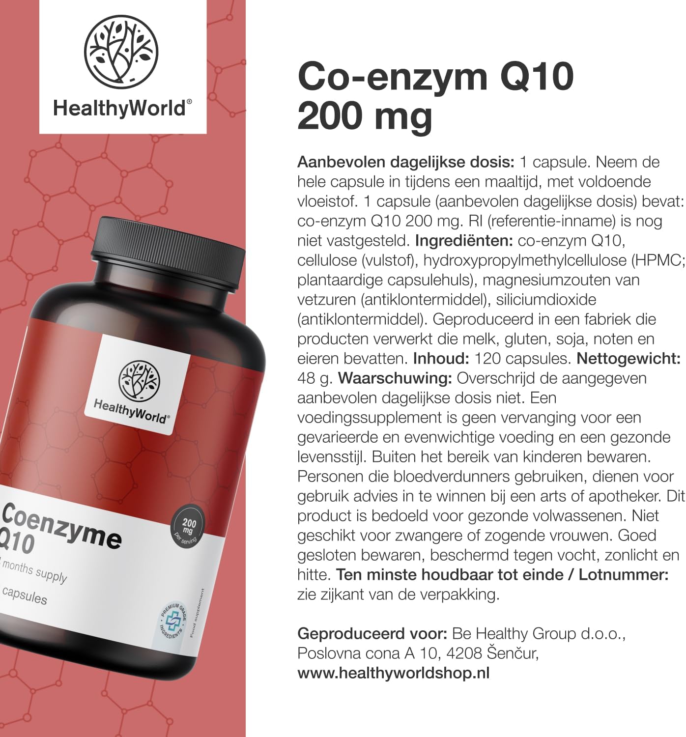 Detalle de HealthyWorld Co-enzym Q10 200 mg, 120 plantaardige capsules