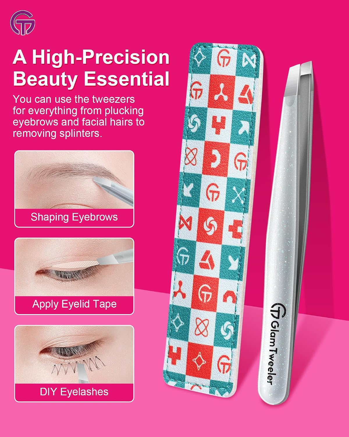 Detalle de Expert Slant Tip Tweezers with Leather Case by GlamTweeler — Sharp, Precise Stainless Steel Eyebrow & Facial Hair Removal (Sparkle Silver)