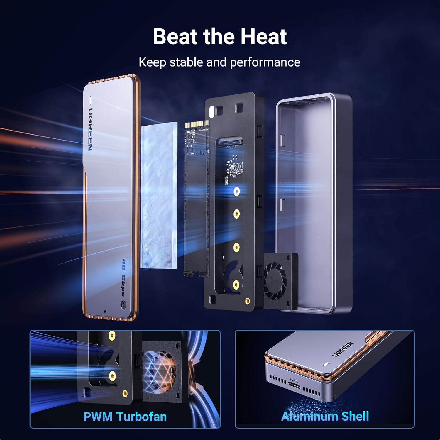 Detalle de UGREEN 40Gbps M.2 NVMe SSD Enclosure with Cooling Fan (USB4/TB4, UASP & TRIM)