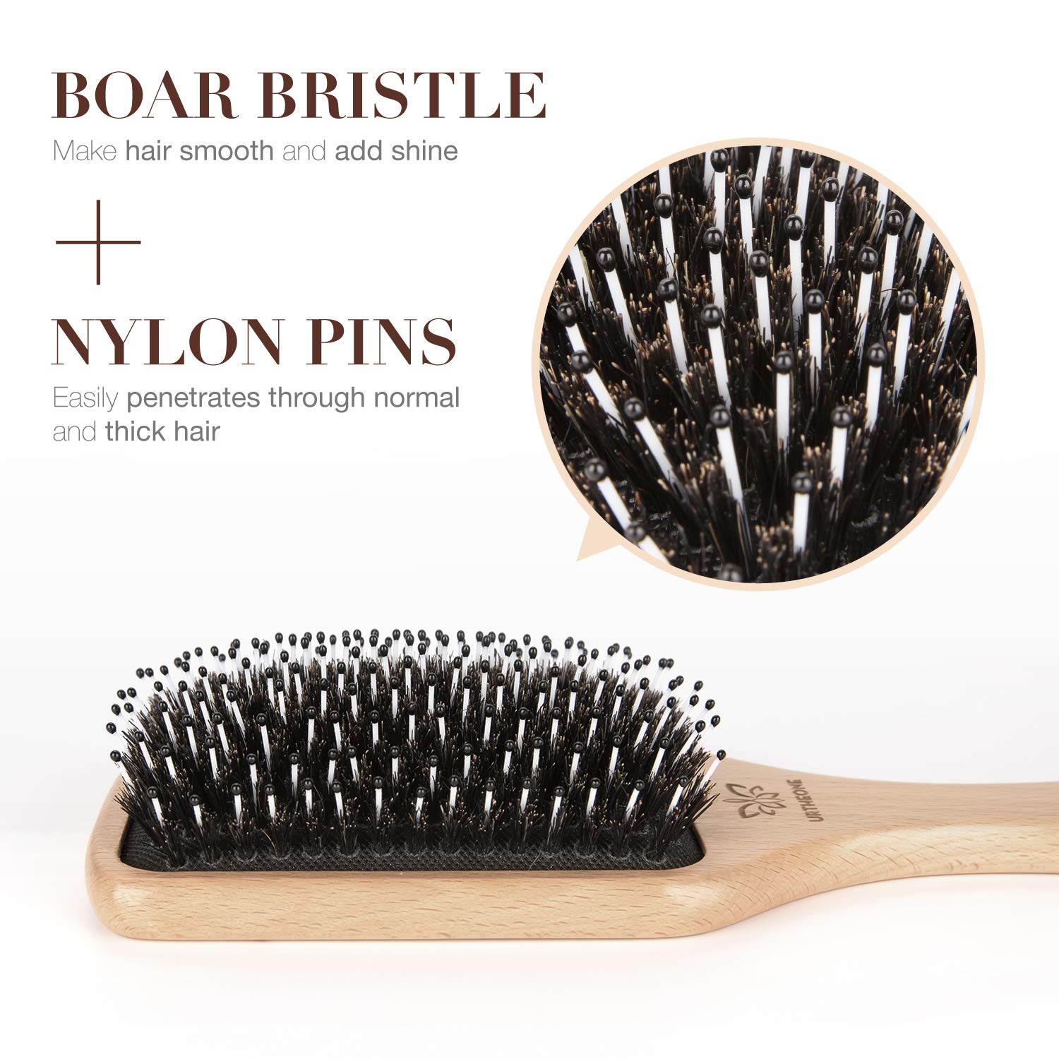 Detalle 2 de URTHEONE Boar Bristle Paddle Hairbrush with Wooden Handle and Nylon Tips
